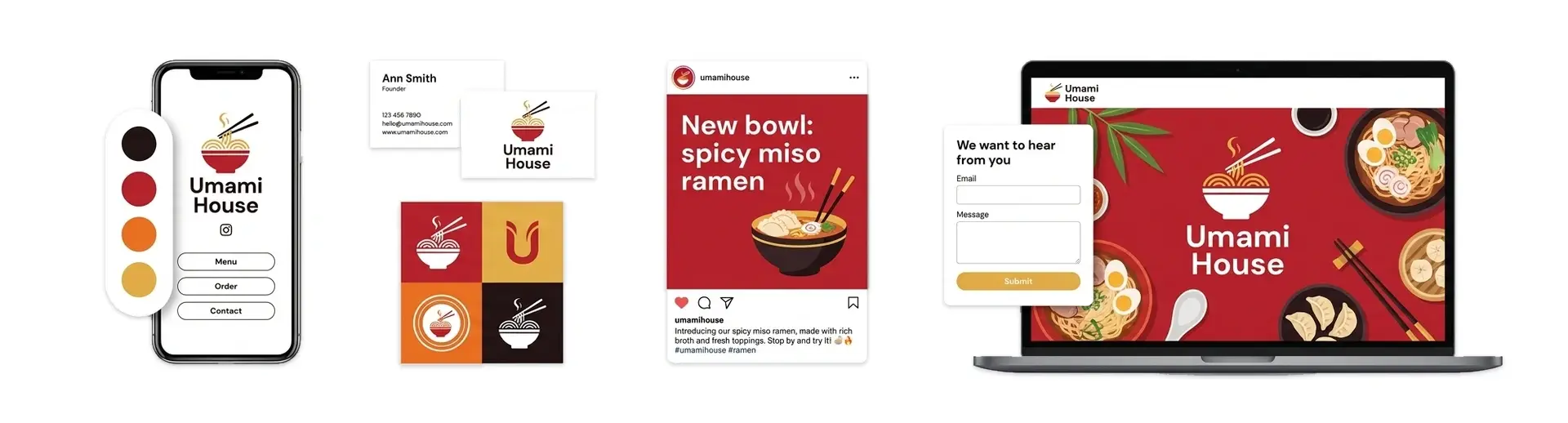 An Asian restaurant logo shown on a menu, a takeout box, and a phone.