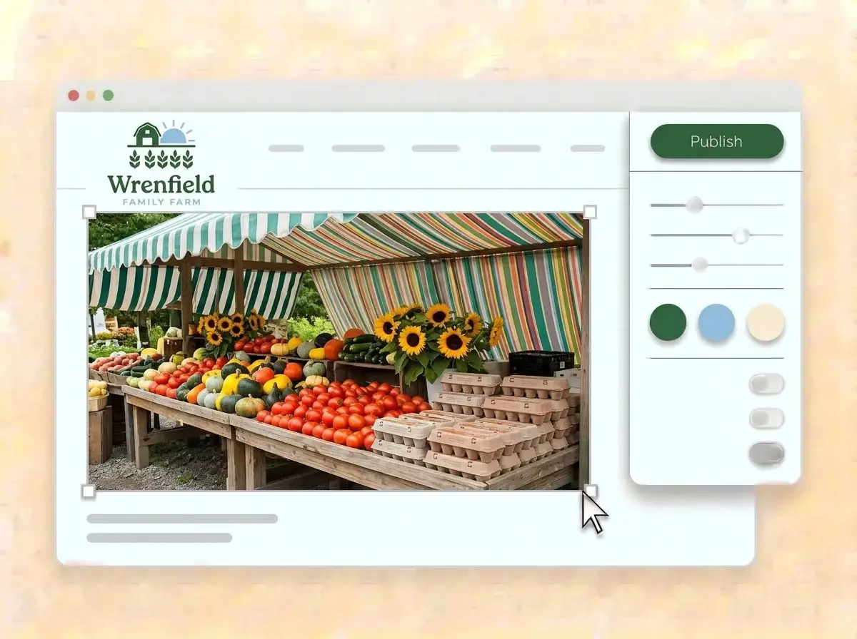 Editing the Wrenfield website with a farm stand photo of tomatoes, squash and sunflowers selected, the style panel open and the green Publish button ready