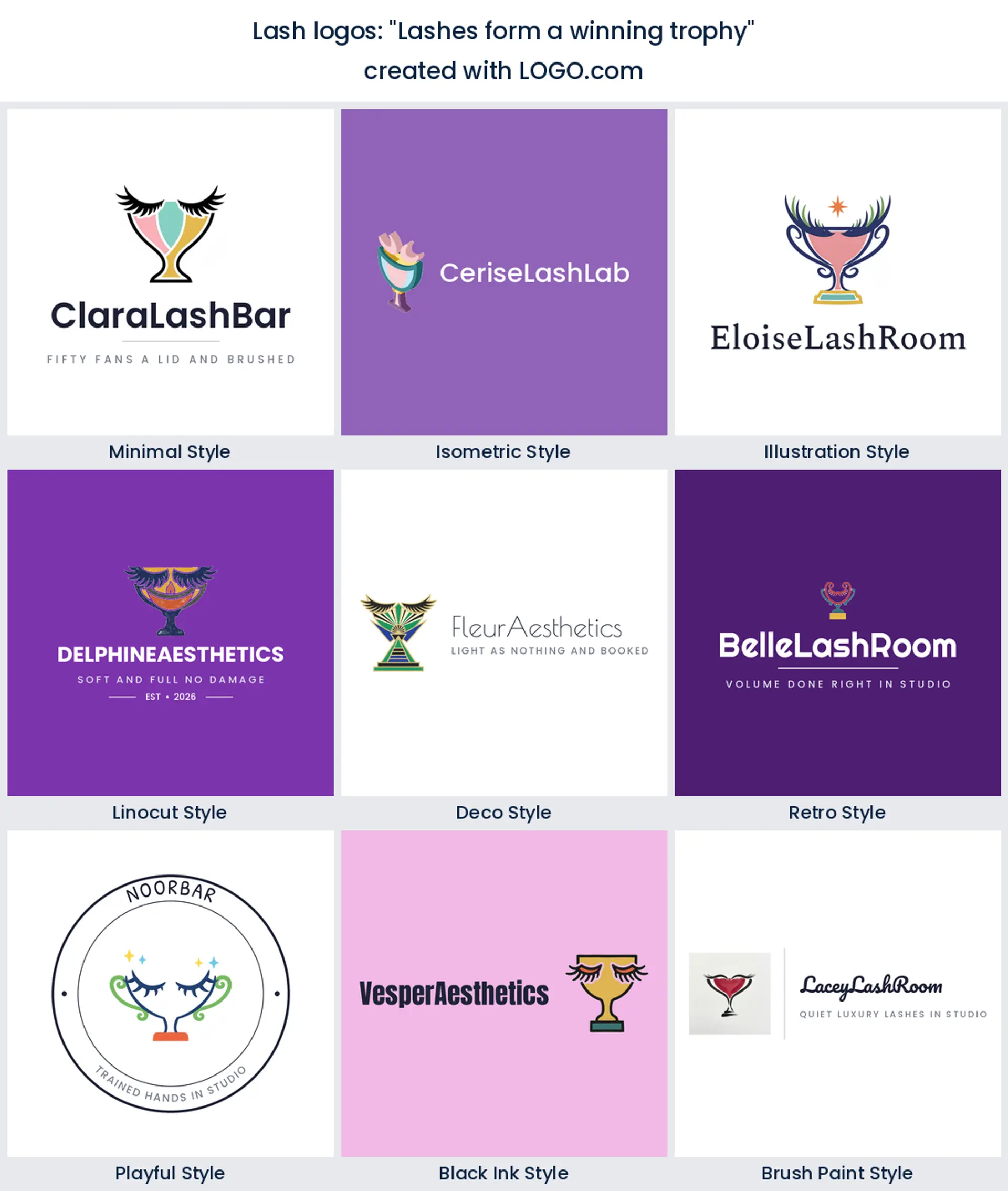 A lash logo built from the founder prompt "Lashes form a winning trophy", shown in nine design styles.