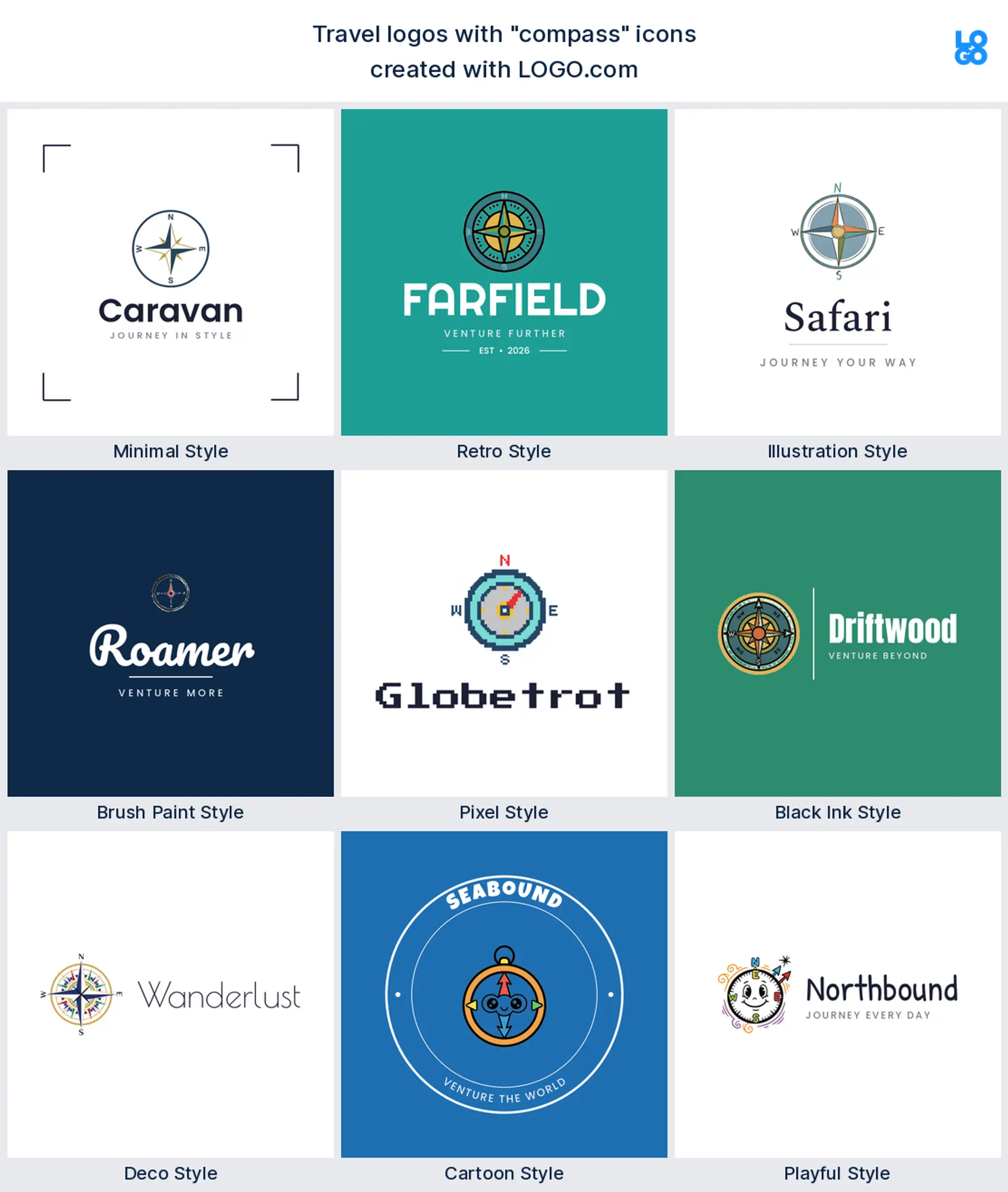 Compass travel logo shown in nine LOGO.com styles