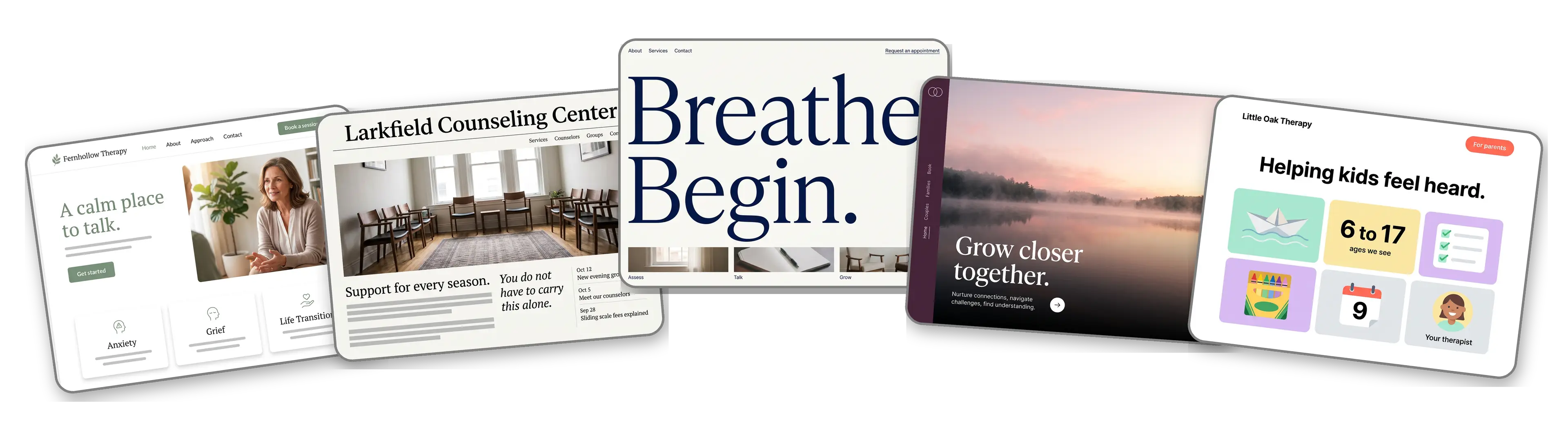Five therapy websites built with LOGO.com from a logo upload: a private practice psychotherapist, a community counseling center, a clinical psychologist, a couples and family therapist and a child and teen therapist