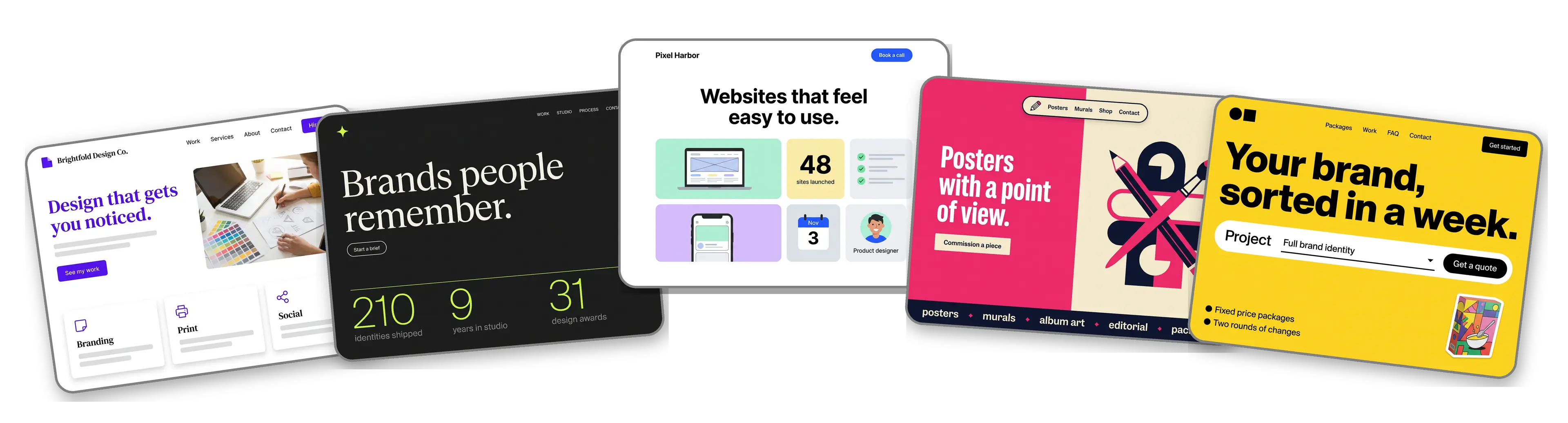 Five design websites built with LOGO.com from a logo upload: a freelance graphic designer, a brand identity studio, a web and UI designer, an illustration and poster studio and a logo and packaging design service