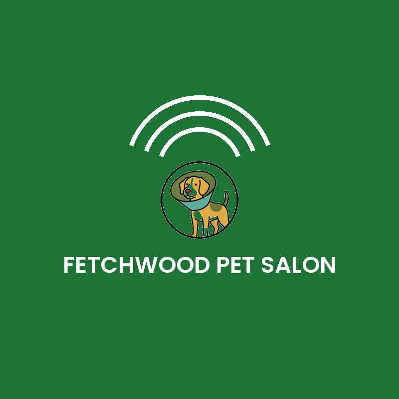 A dog in a protective collar, an aftercare pet grooming logo in a retro style