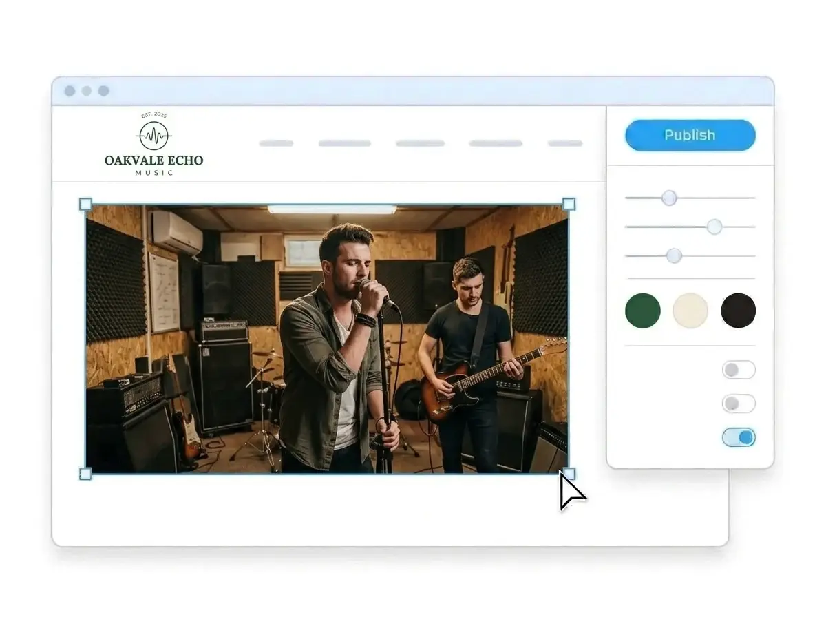 Editing the Oakvale Echo website with a rehearsal room photo of a singer and guitarist selected, the style panel open and the Publish button ready
