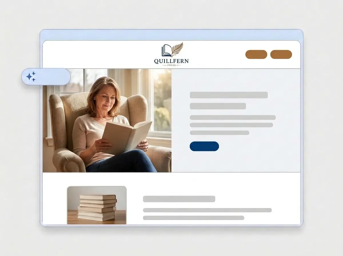 Finished Quillfern Press author website built by LOGO.com from the uploaded logo, with a reader in an armchair in the hero and a stack of books thumbnail