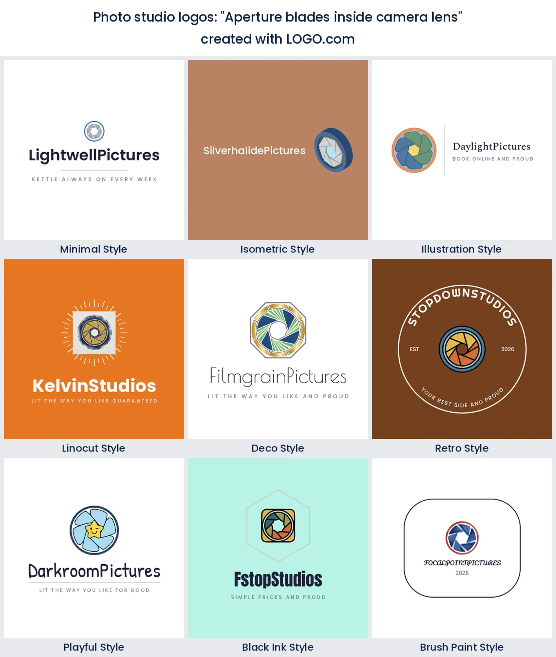 Photo studio logos from the prompt aperture blades inside camera lens in nine styles