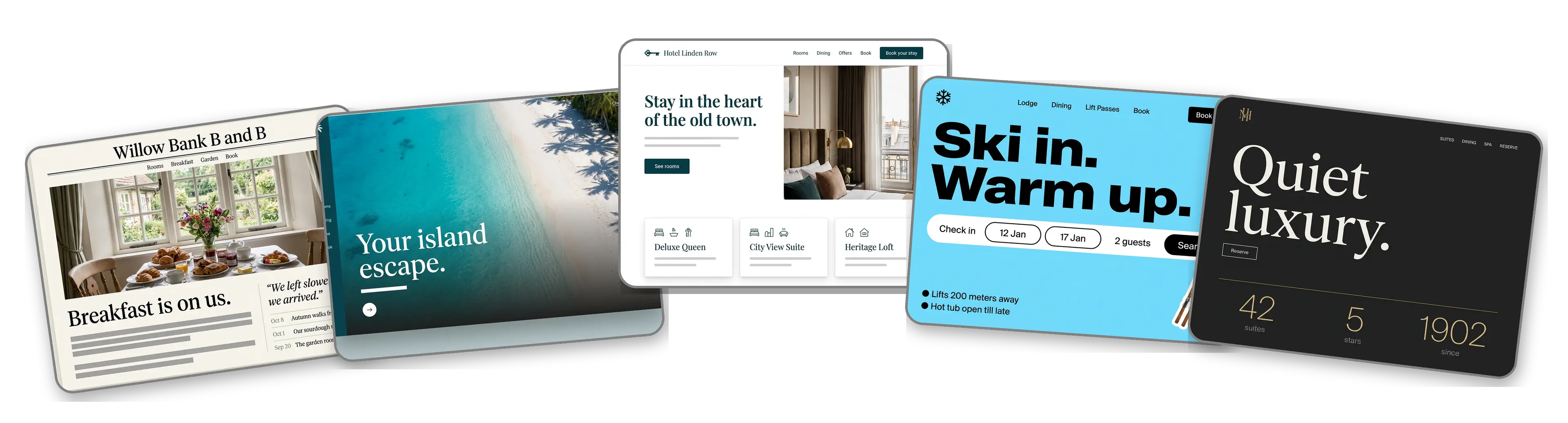 Five hotel websites built with LOGO.com from a logo upload: a countryside bed and breakfast, a beach resort, a boutique city hotel, a ski lodge and a luxury hotel