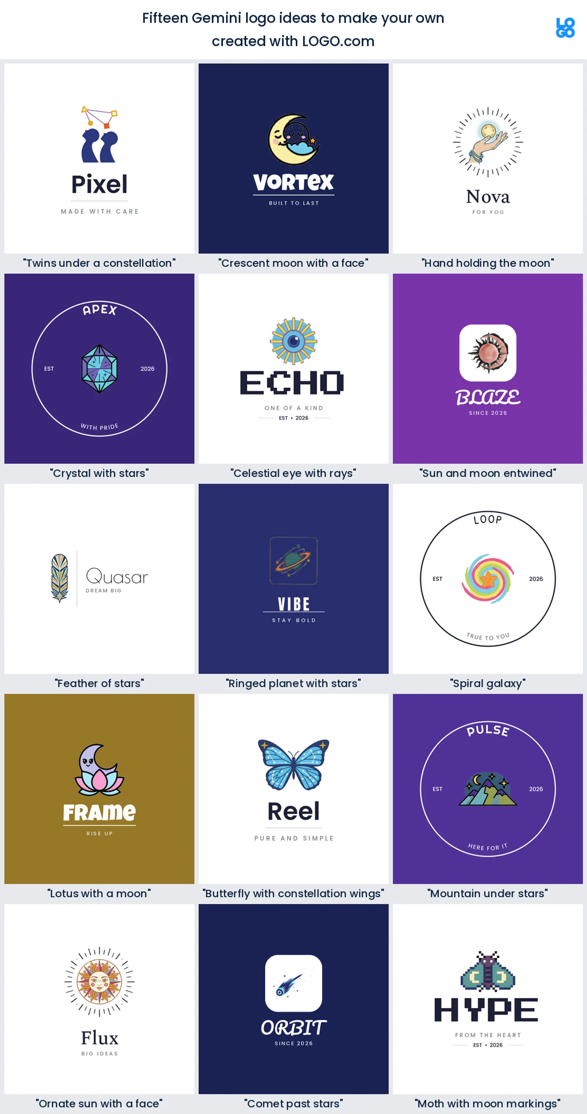 Fifteen Gemini logo ideas, shown in nine LOGO.com styles