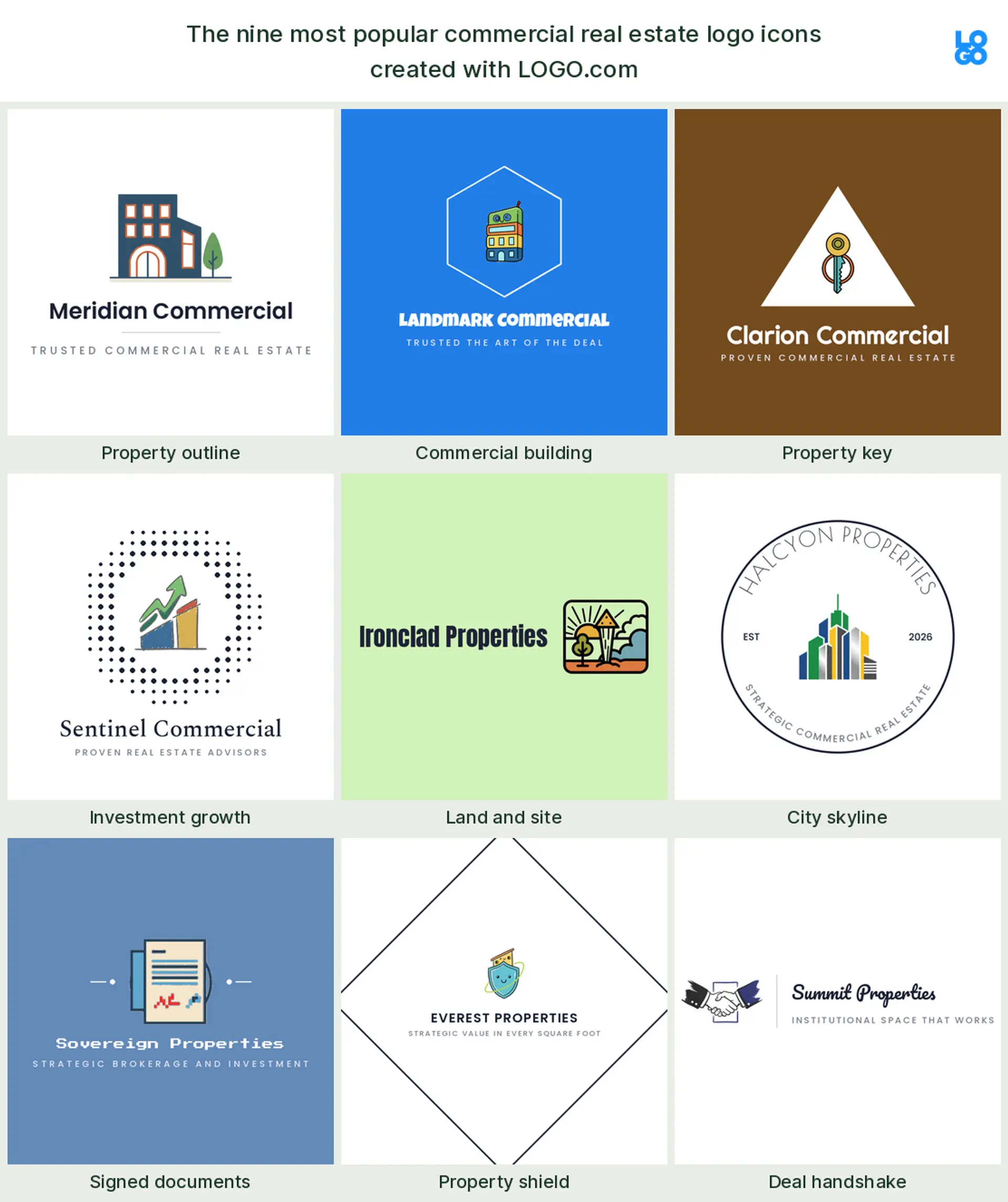 The nine most popular commercial real estate logo icons on LOGO.com, shown across nine styles
