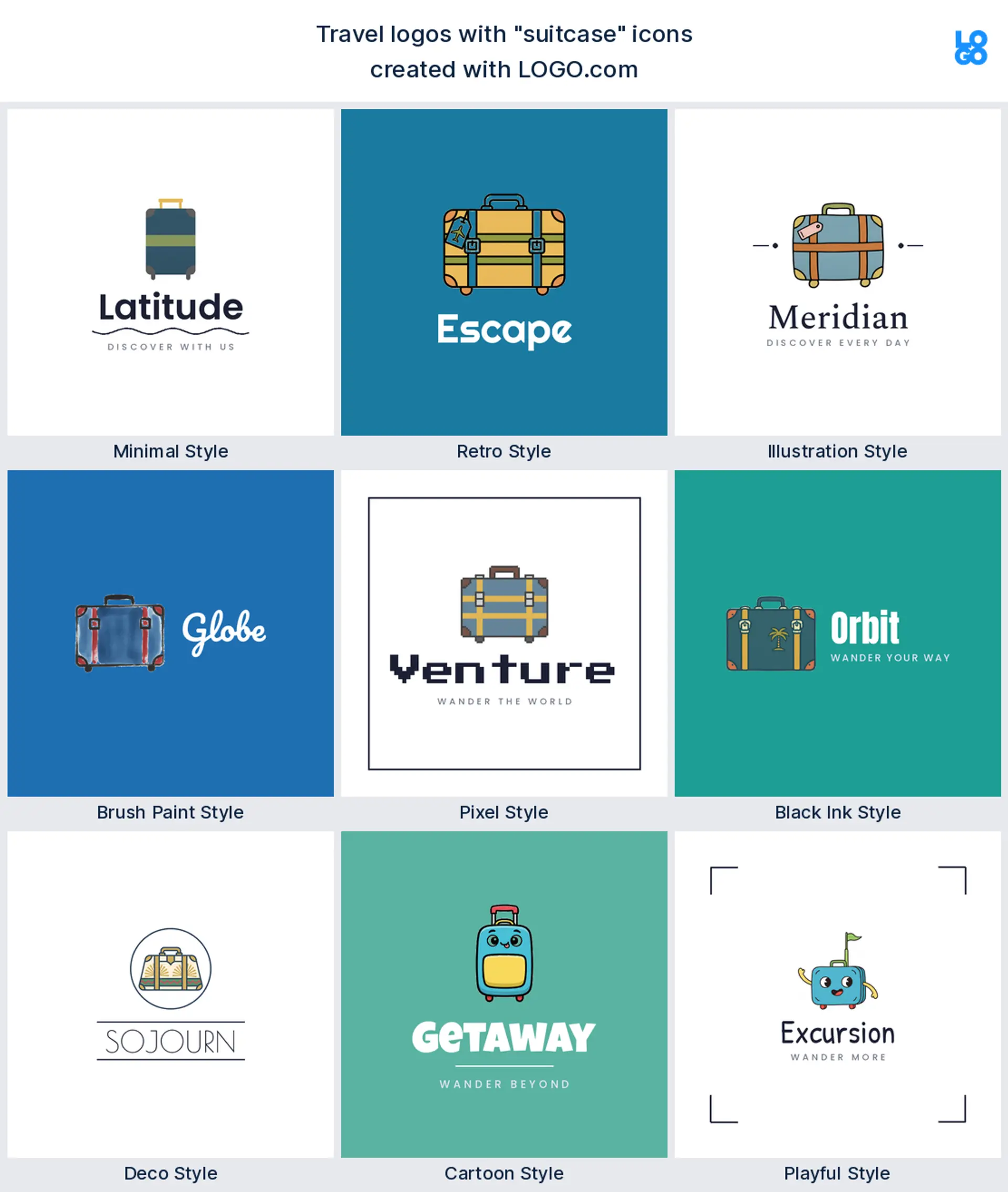 Suitcase travel logo shown in nine LOGO.com styles
