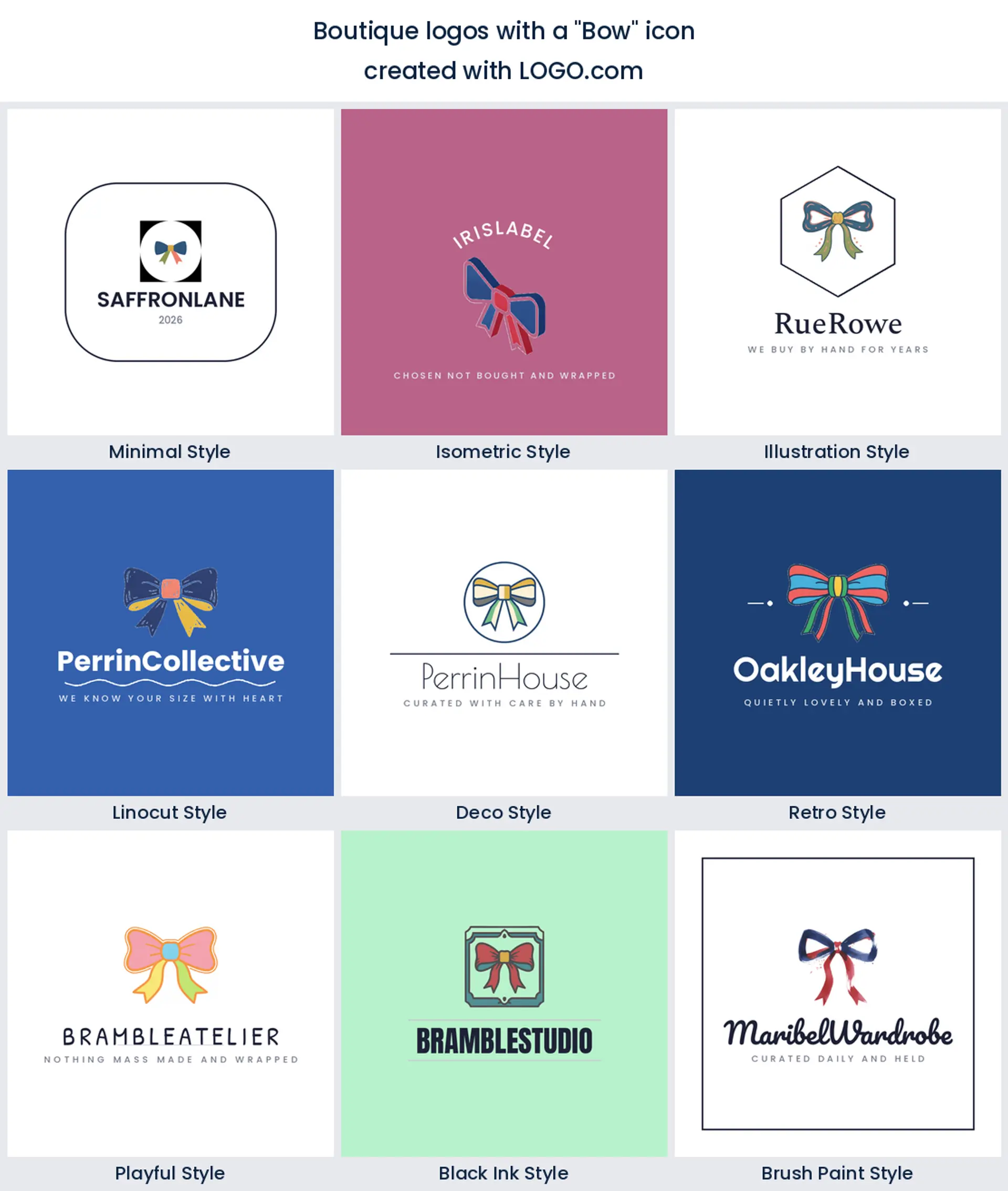Bow boutique logo shown in nine LOGO.com styles