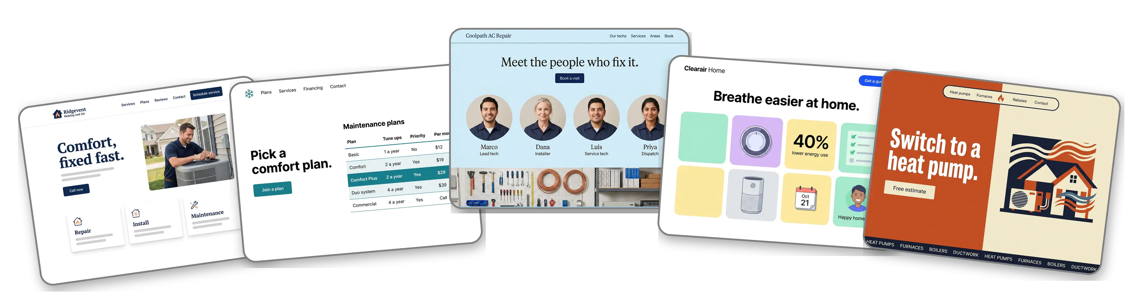 Five heating and cooling websites built with LOGO.com from a logo upload: a family HVAC company, a maintenance plan pricing table, an air conditioning repair crew, an indoor air quality installer and a heat pump installer