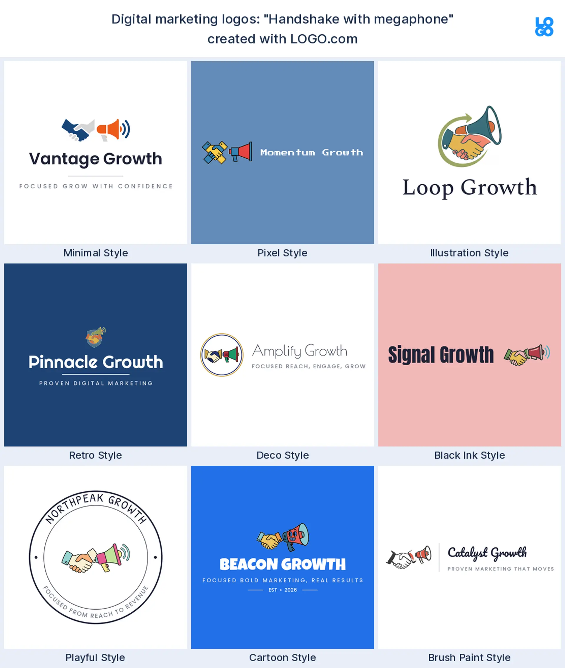 The "Handshake with megaphone" digital marketing logo idea, shown across nine styles on LOGO.com