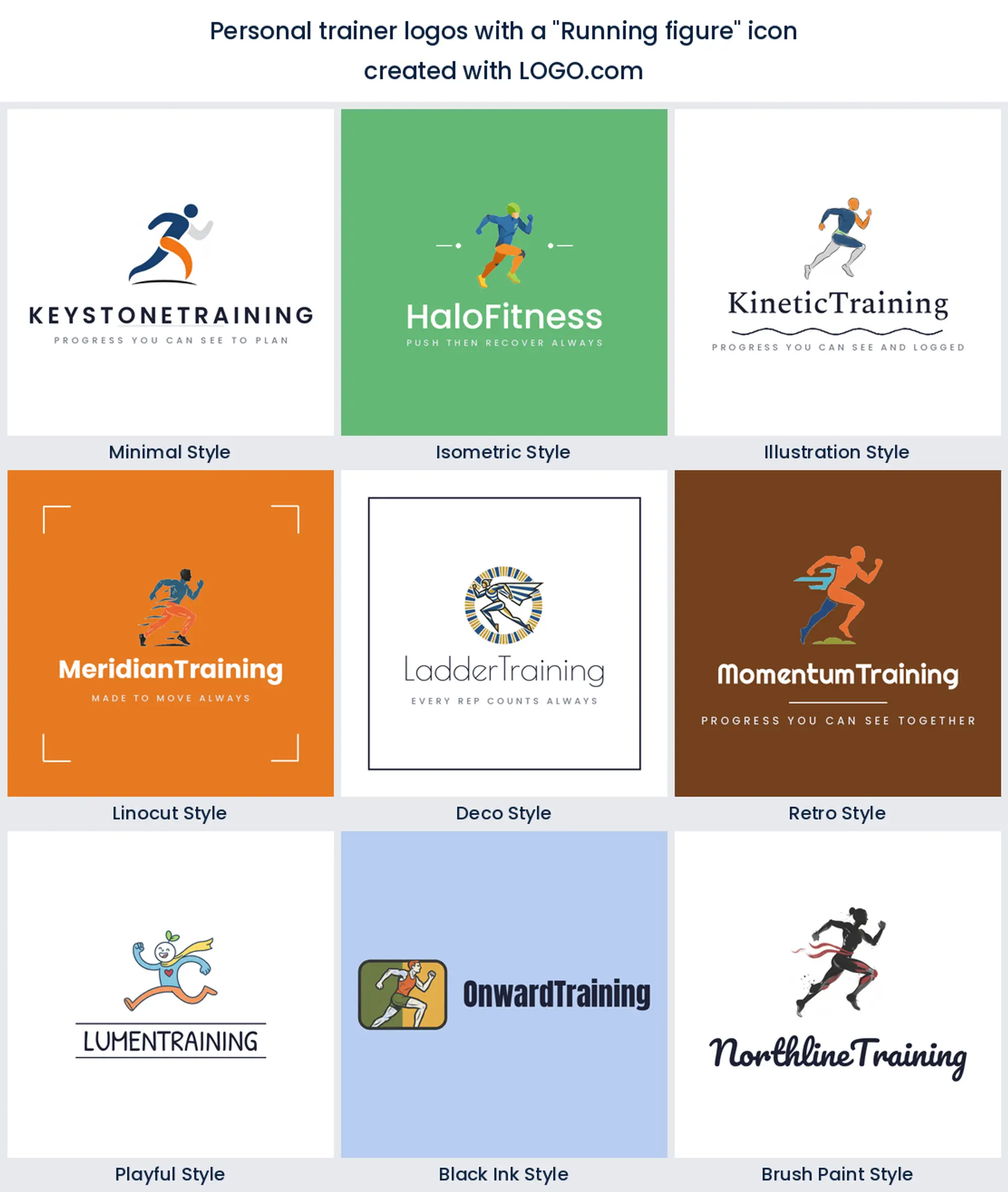 Running figure personal training logo shown across nine LOGO.com styles