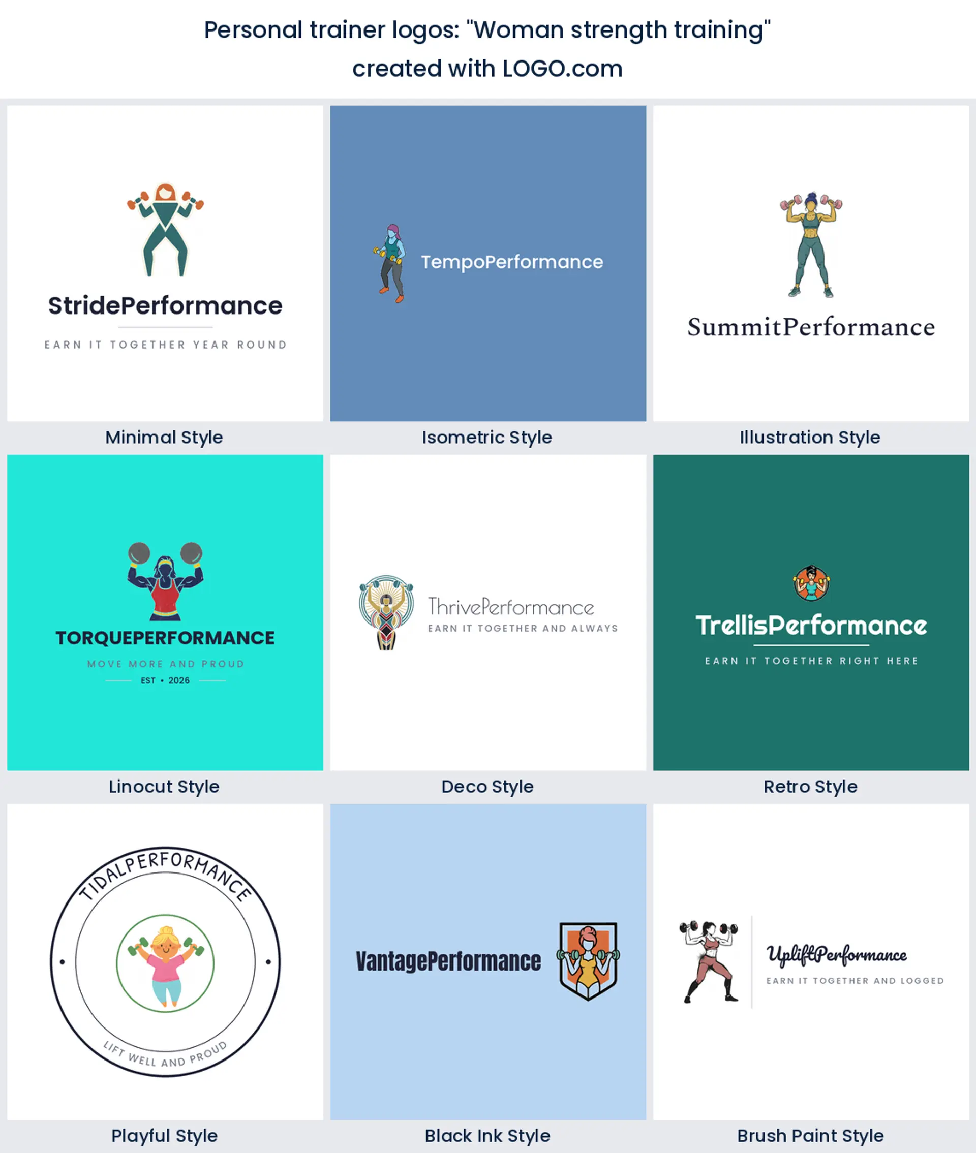 Woman lifting dumbbells logo across nine LOGO.com styles