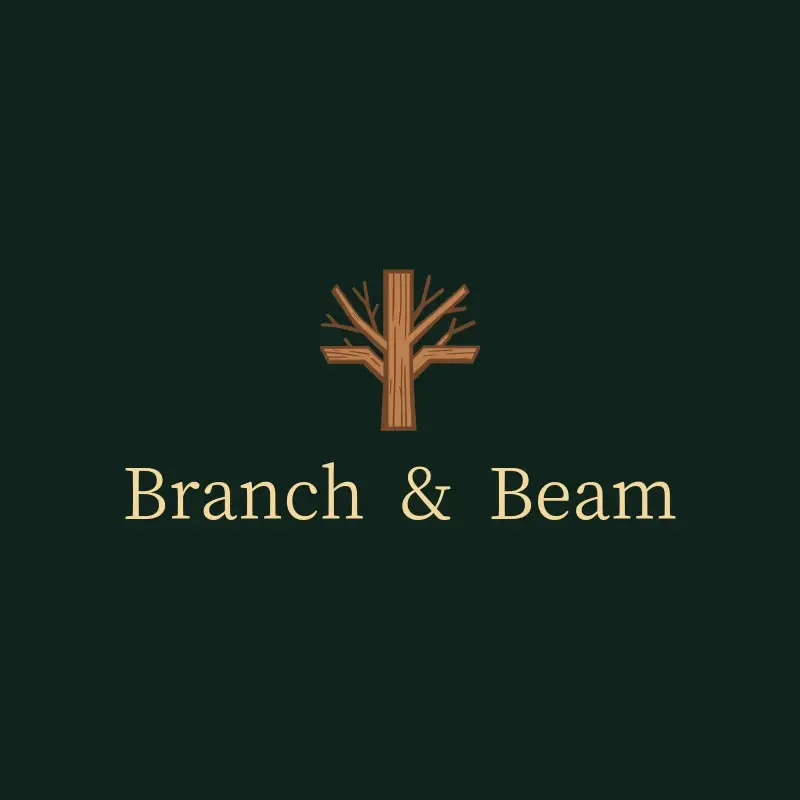 The woodworking name Branch & Beam as a branded logo with a single color icon