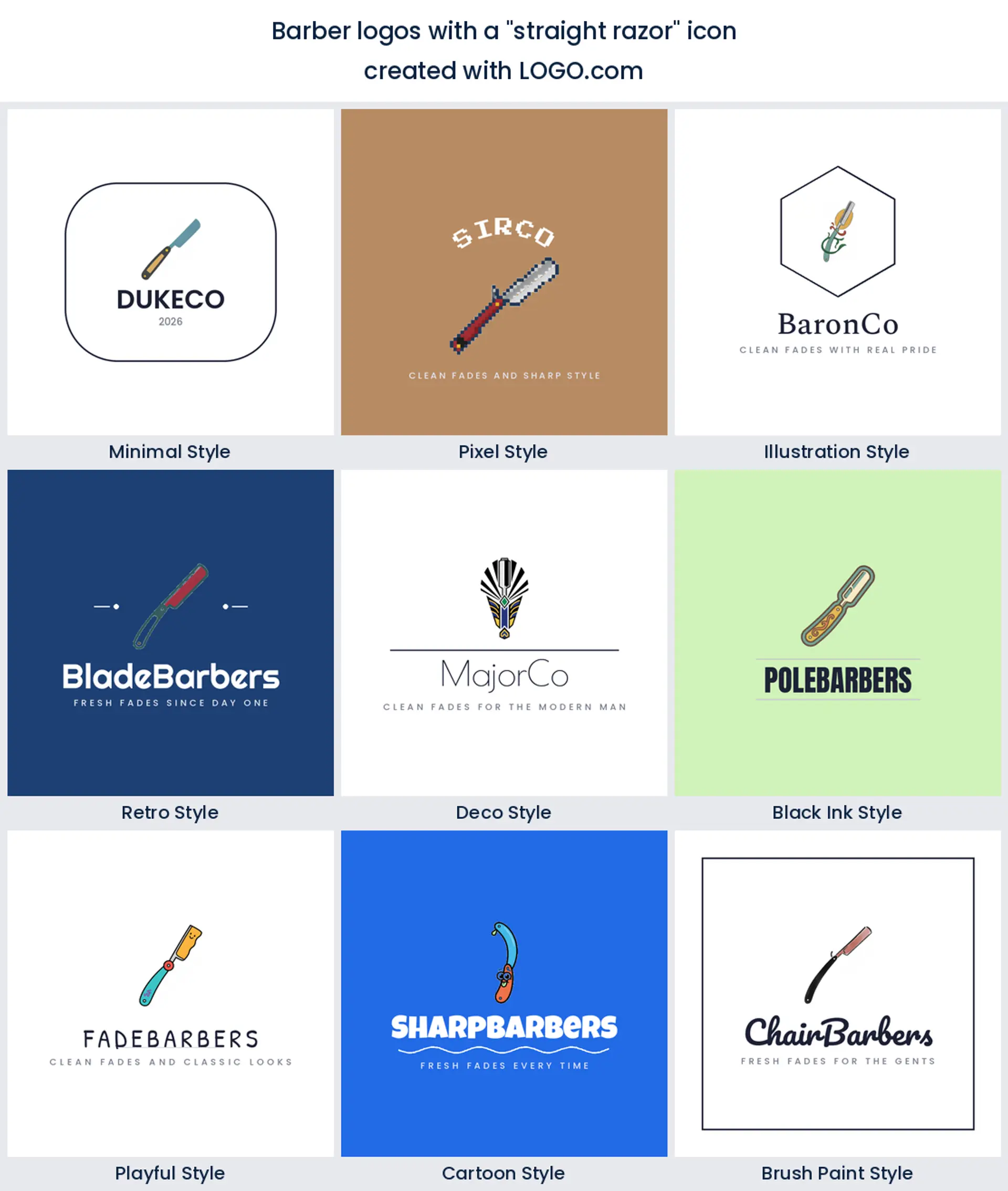 Straight razor barber logo shown in nine LOGO.com styles.
