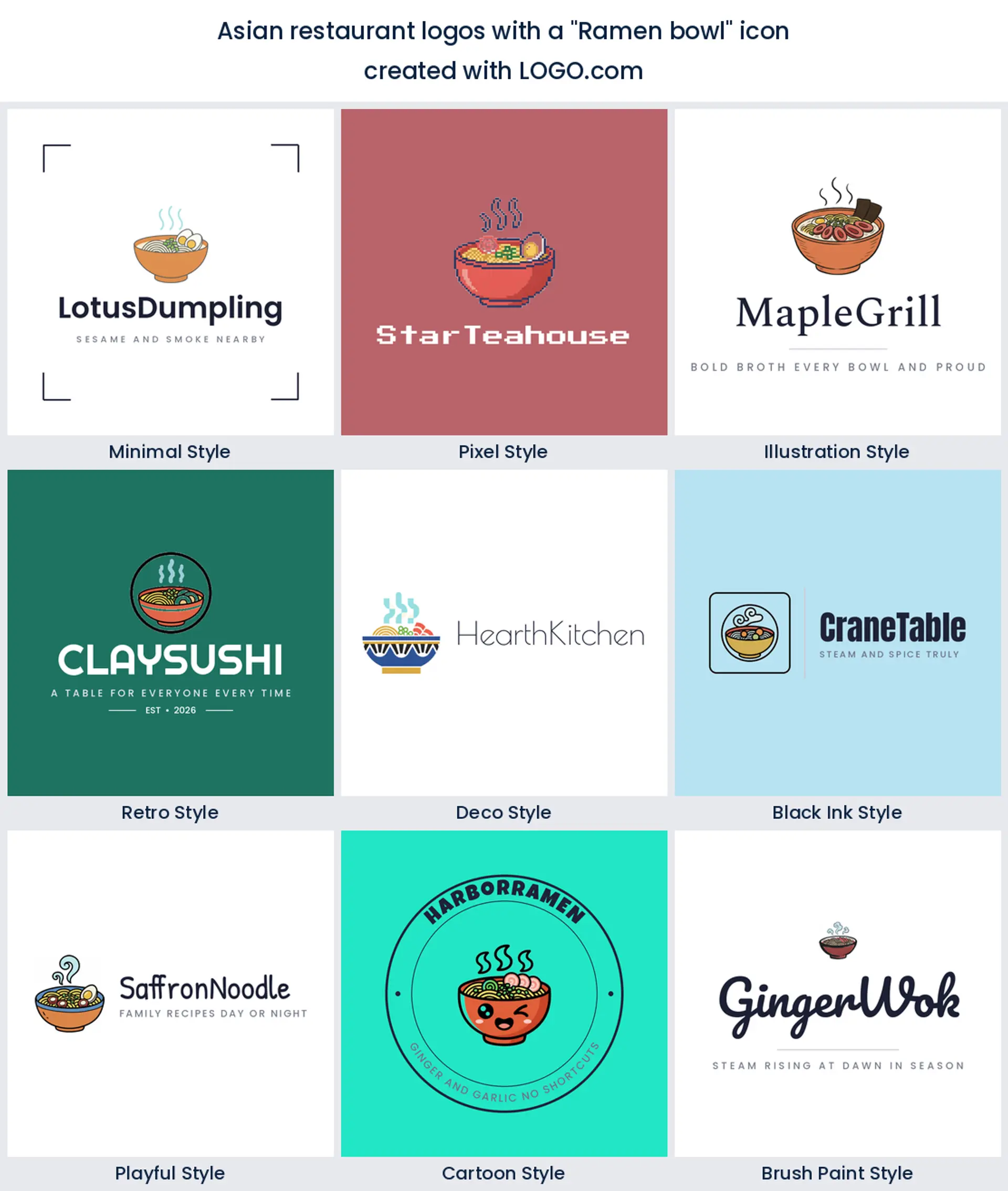 Ramen bowl Asian restaurant logo shown in nine LOGO.com styles.