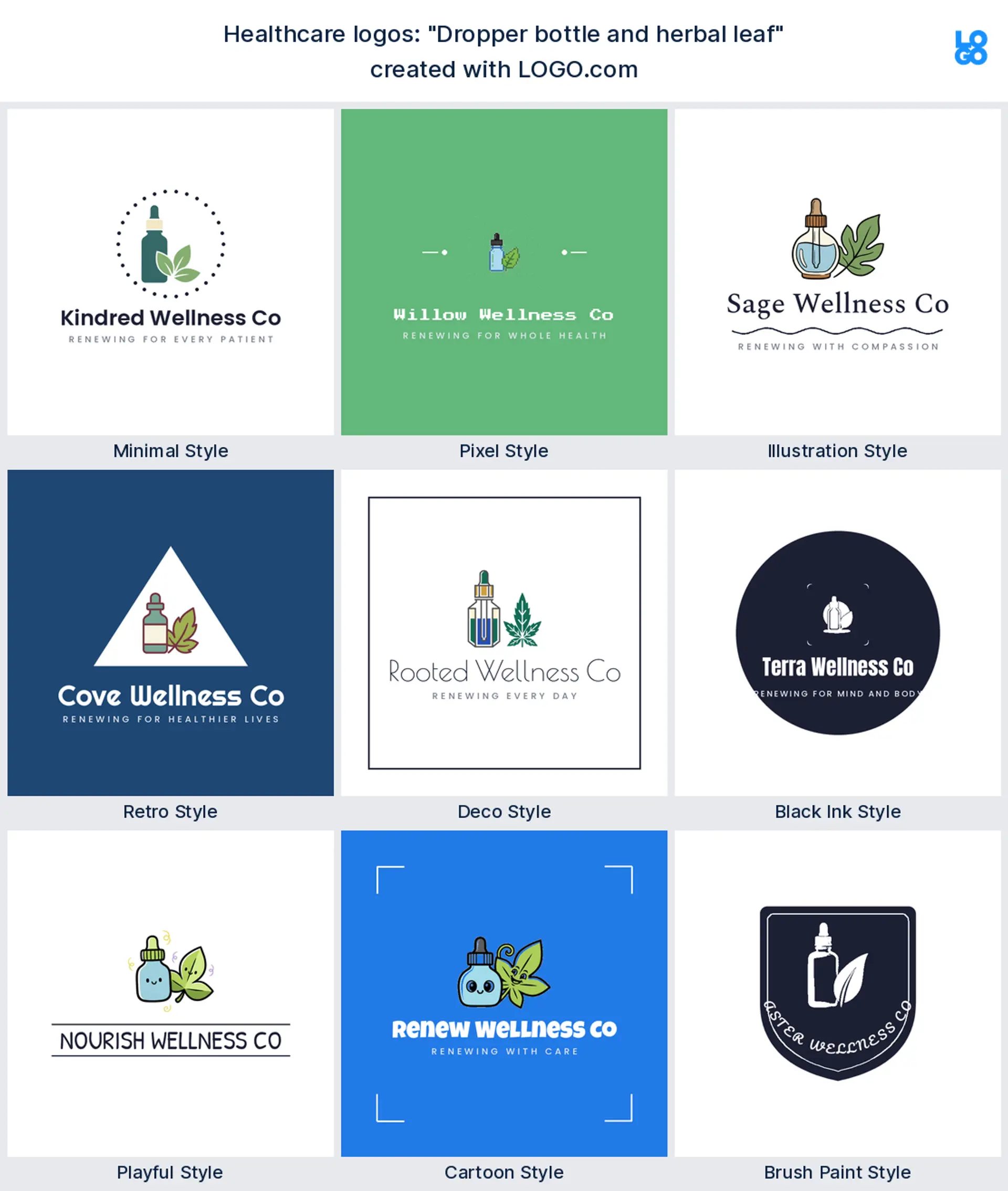 The "Dropper bottle and herbal leaf" healthcare logo idea shown across nine LOGO.com styles
