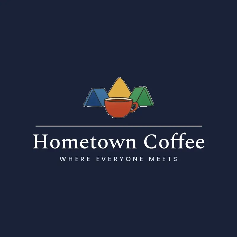 The cafe name Hometown Coffee as a branded logo in an illustration style
