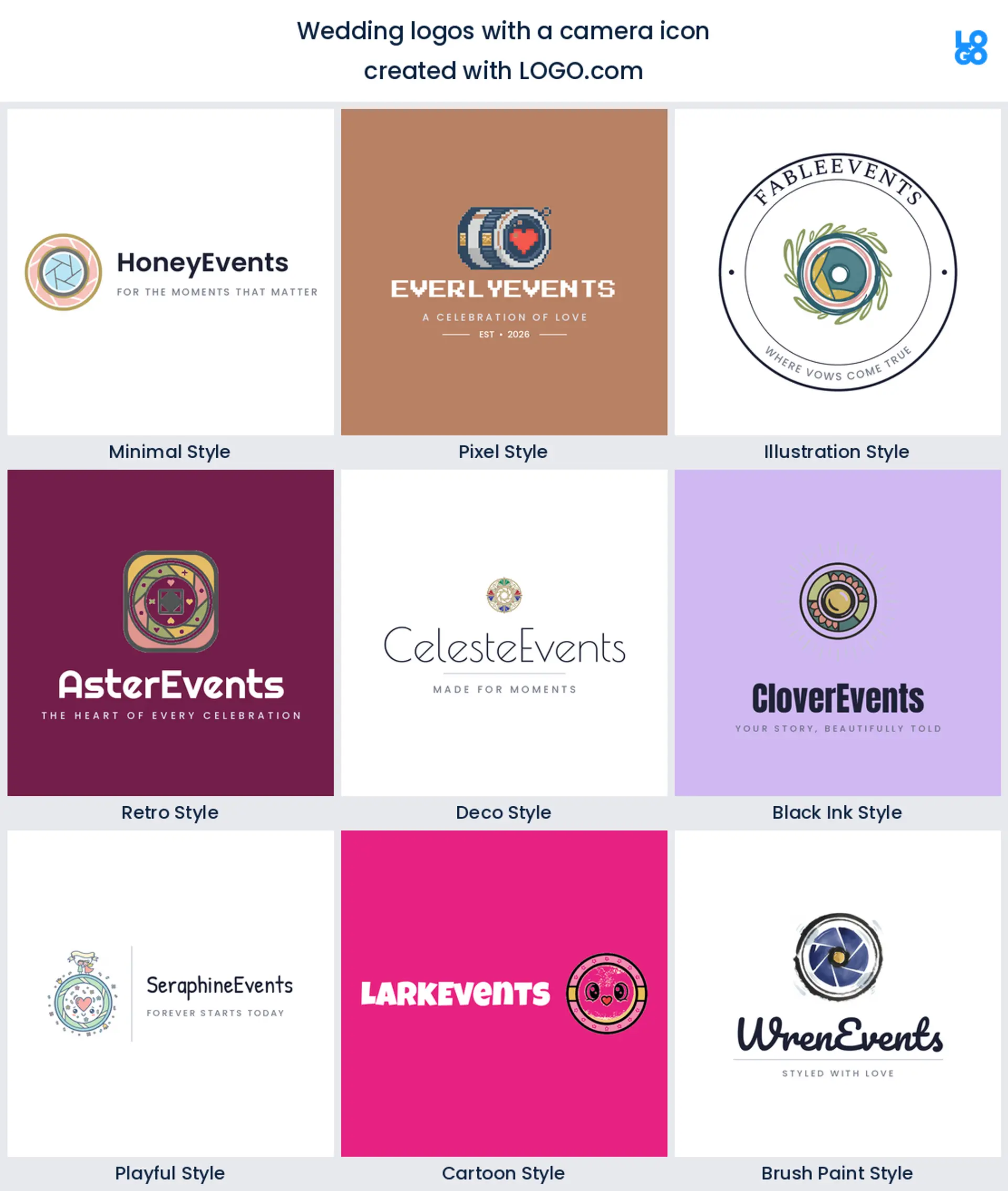 Camera lens wedding photography logo shown in nine LOGO.com styles