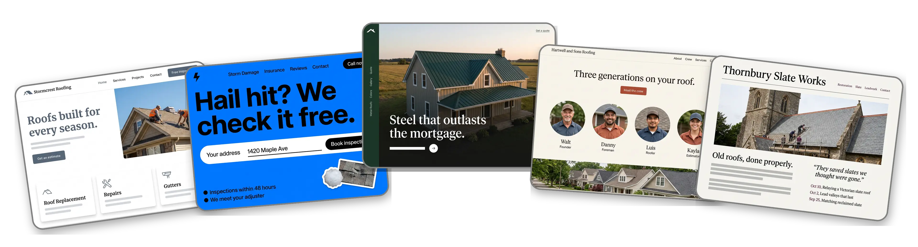 Five roofing websites built with LOGO.com from a logo upload: a residential roofer, a storm damage roofing contractor, a metal roofing installer, a family owned roofing crew and a slate roof restoration company