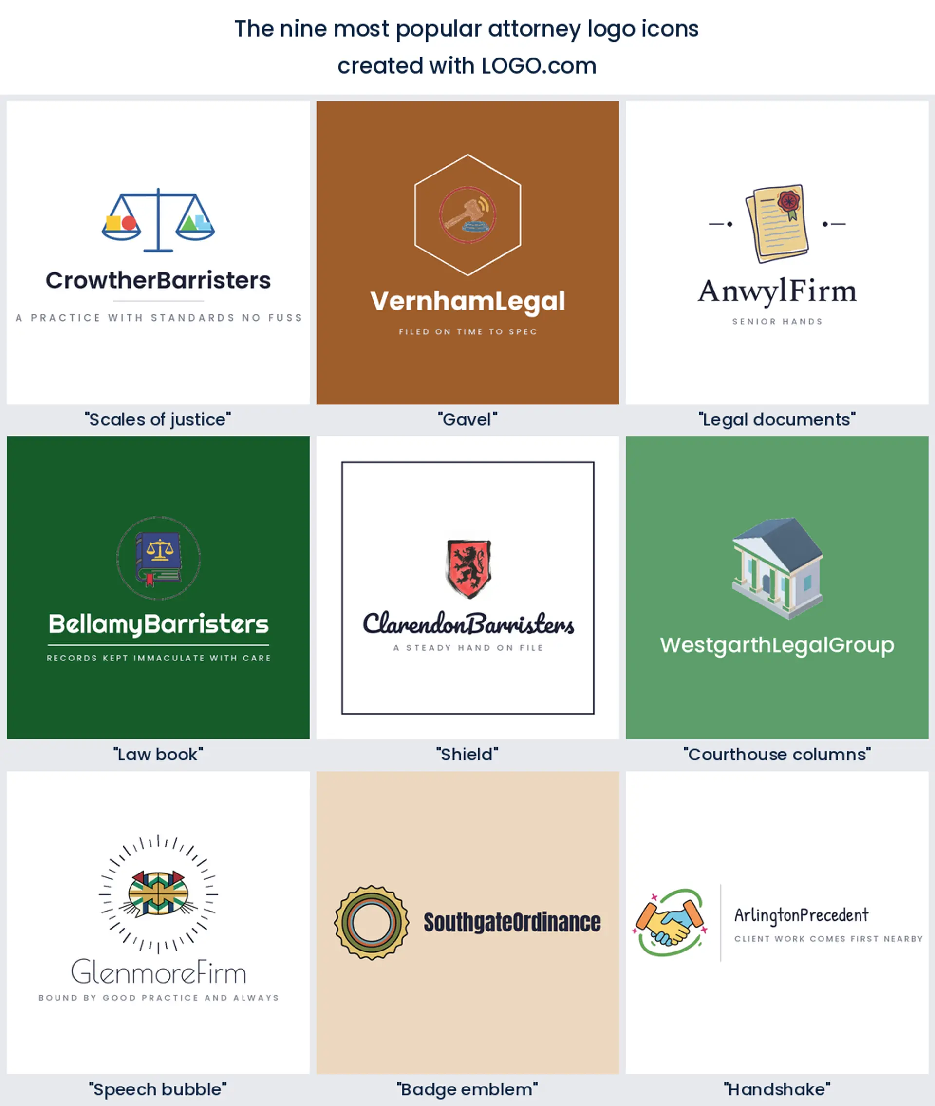 Grid of the nine most popular attorney logo icons ranked from real founder prompts on LOGO.com
