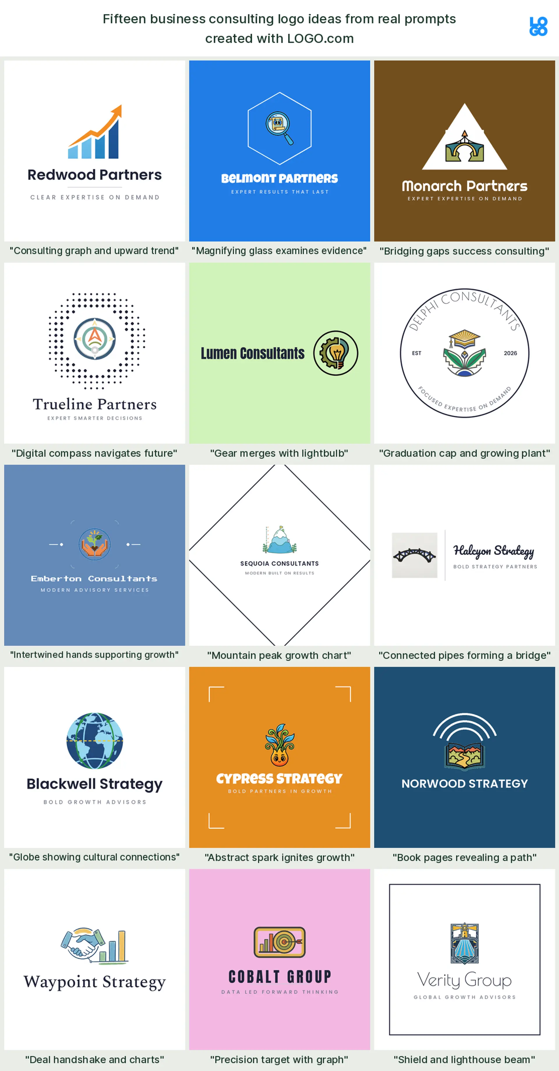 Fifteen business consulting logo ideas from real founder prompts, shown across nine styles
