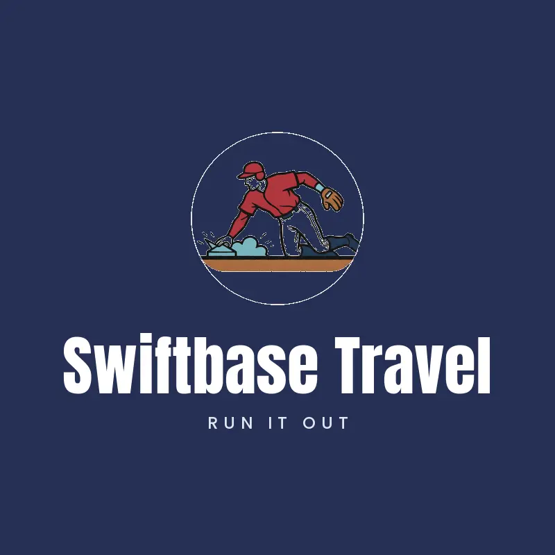 Runner stealing a base baseball team logo for Swiftbase Travel