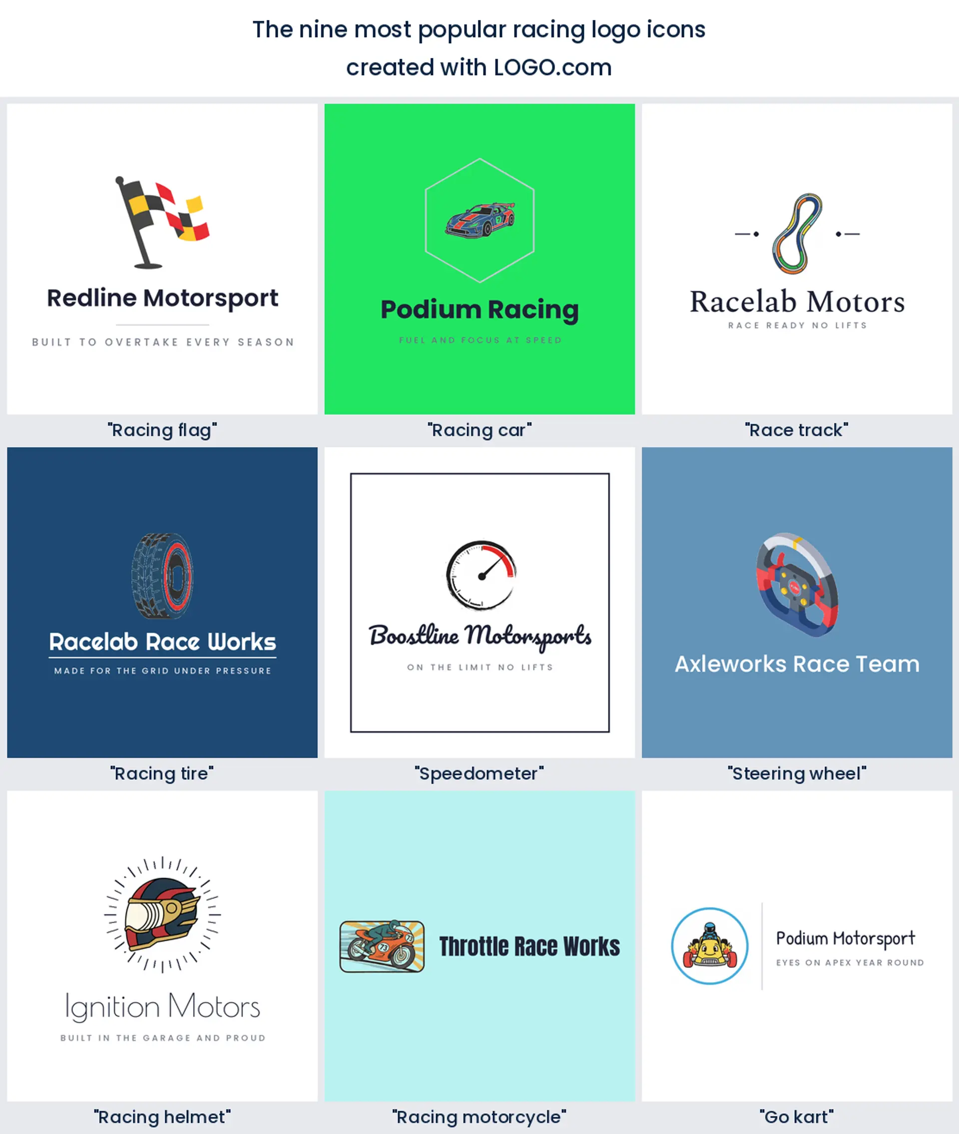 The nine most popular racing logo icons ranked from LOGO.com brand data, shown as nine finished motorsports and race team logos.