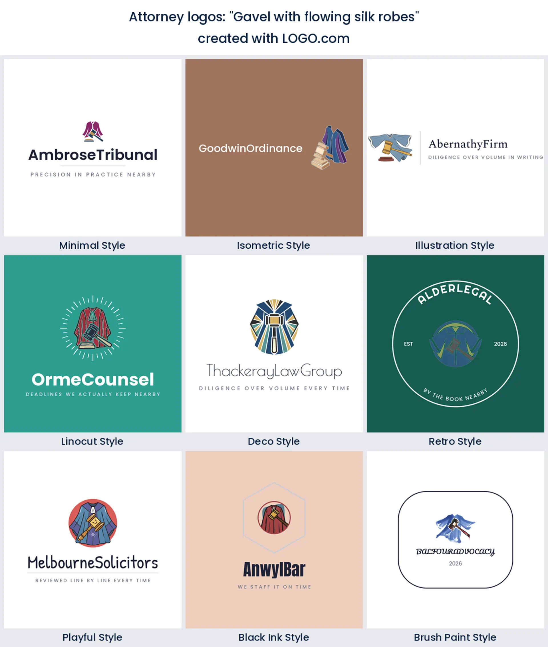 Nine styles of law office logo with a gavel and a flowing court robe