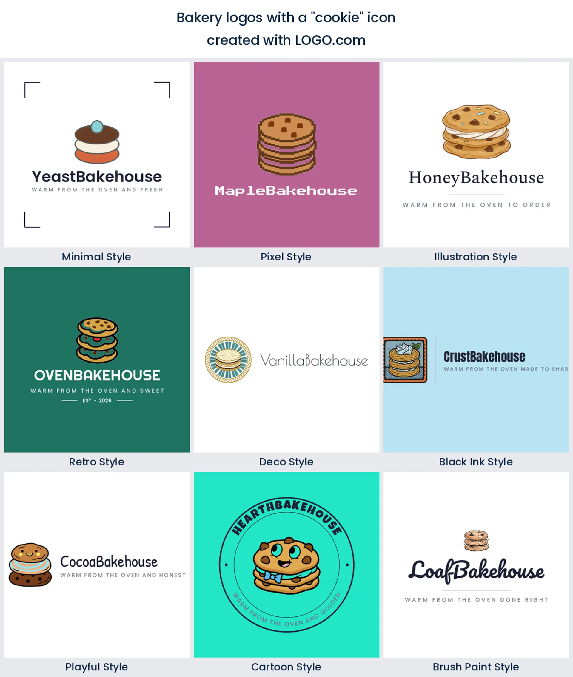 Cookie bakery logo shown in nine LOGO.com styles.