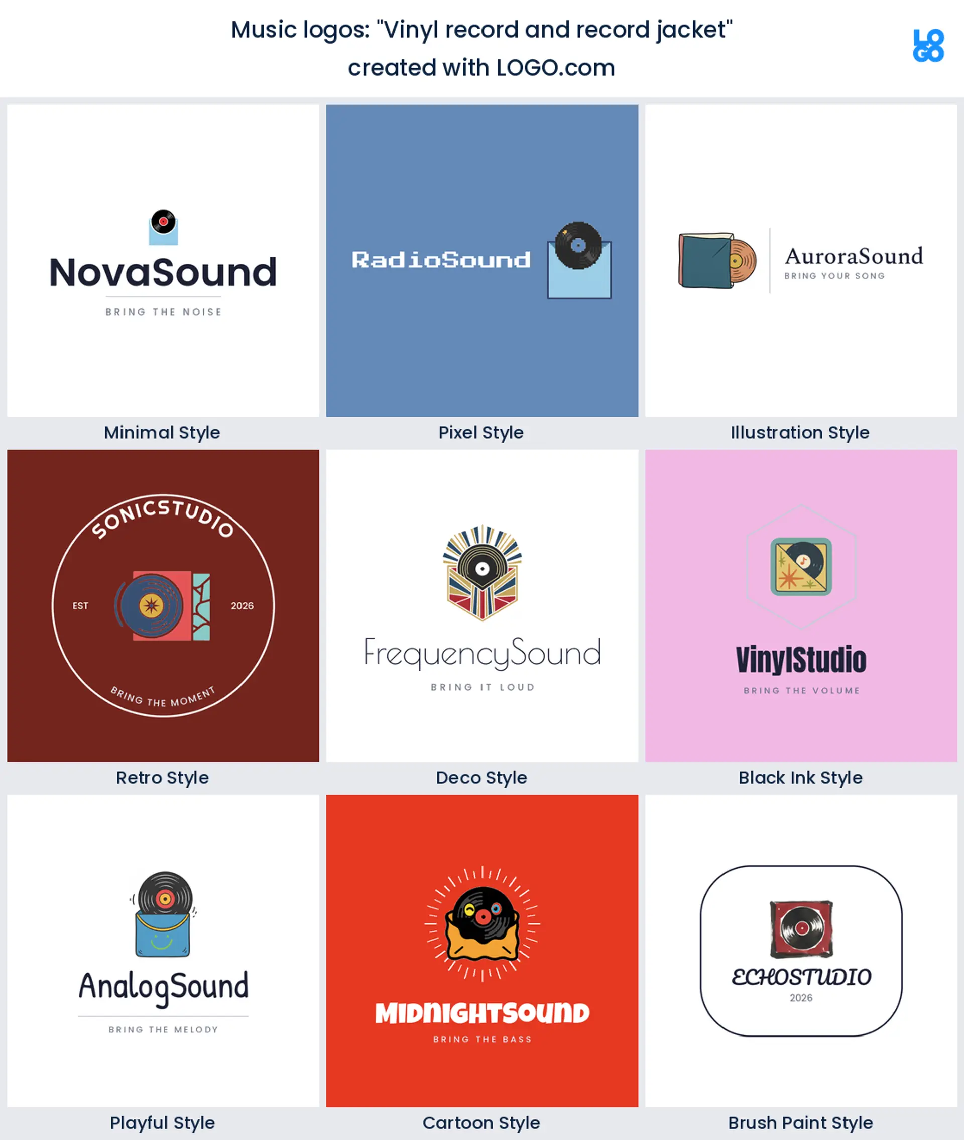 Vinyl record and record jacket, a music logo idea shown in nine LOGO.com styles