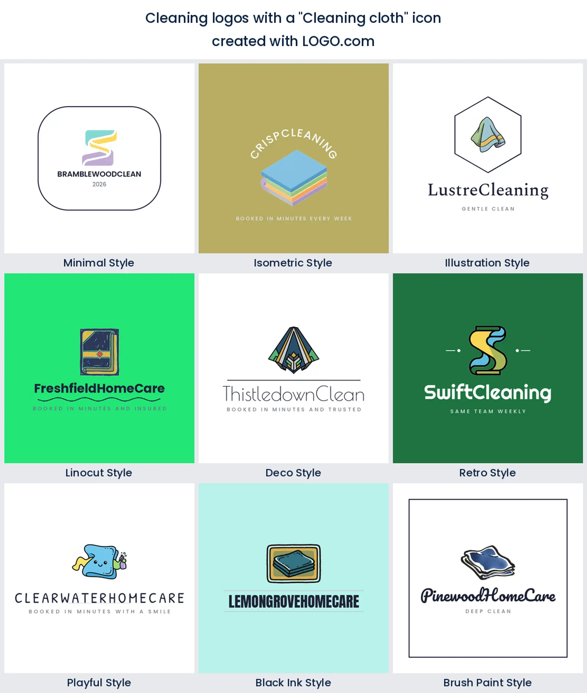 Cleaning cloth logo shown in nine LOGO.com styles