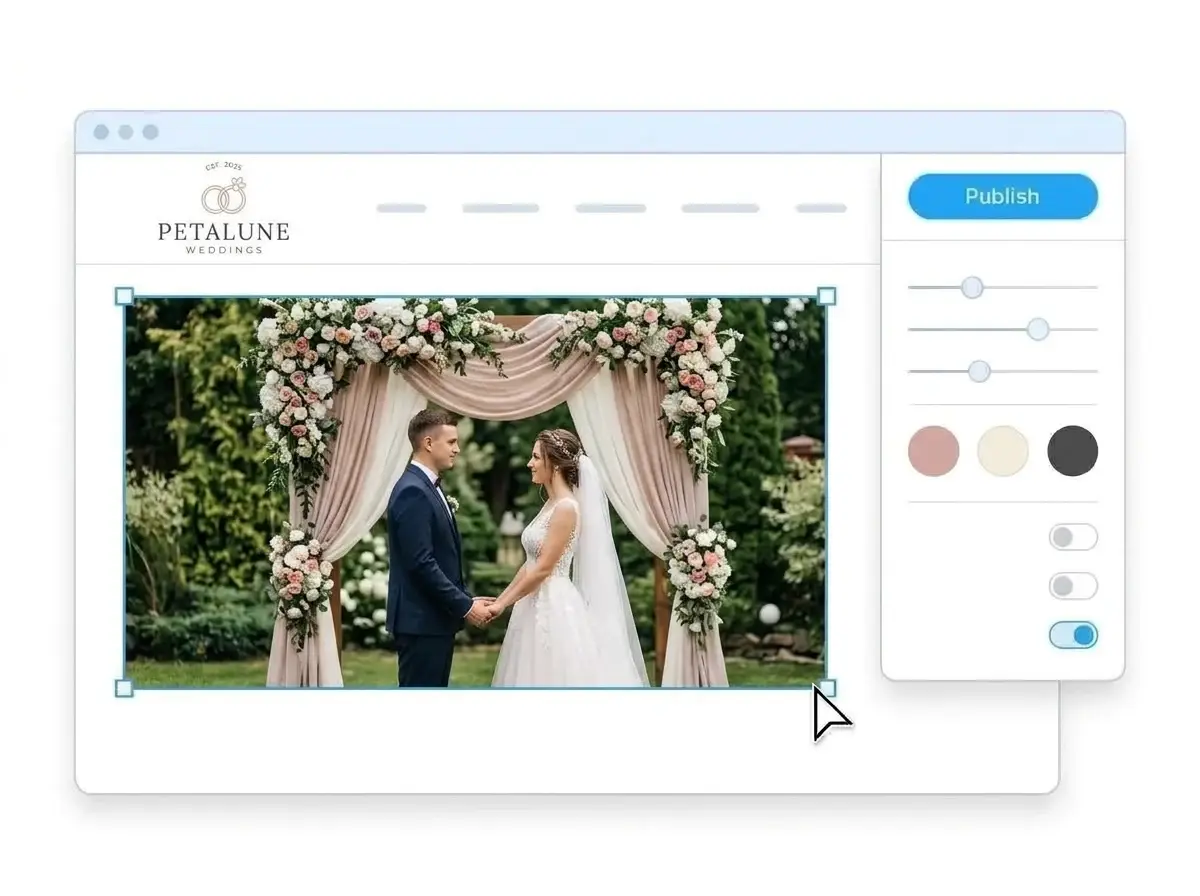 Editing the Petalune Weddings website with a photo of a couple under a floral arch selected, the style panel open and the Publish button ready