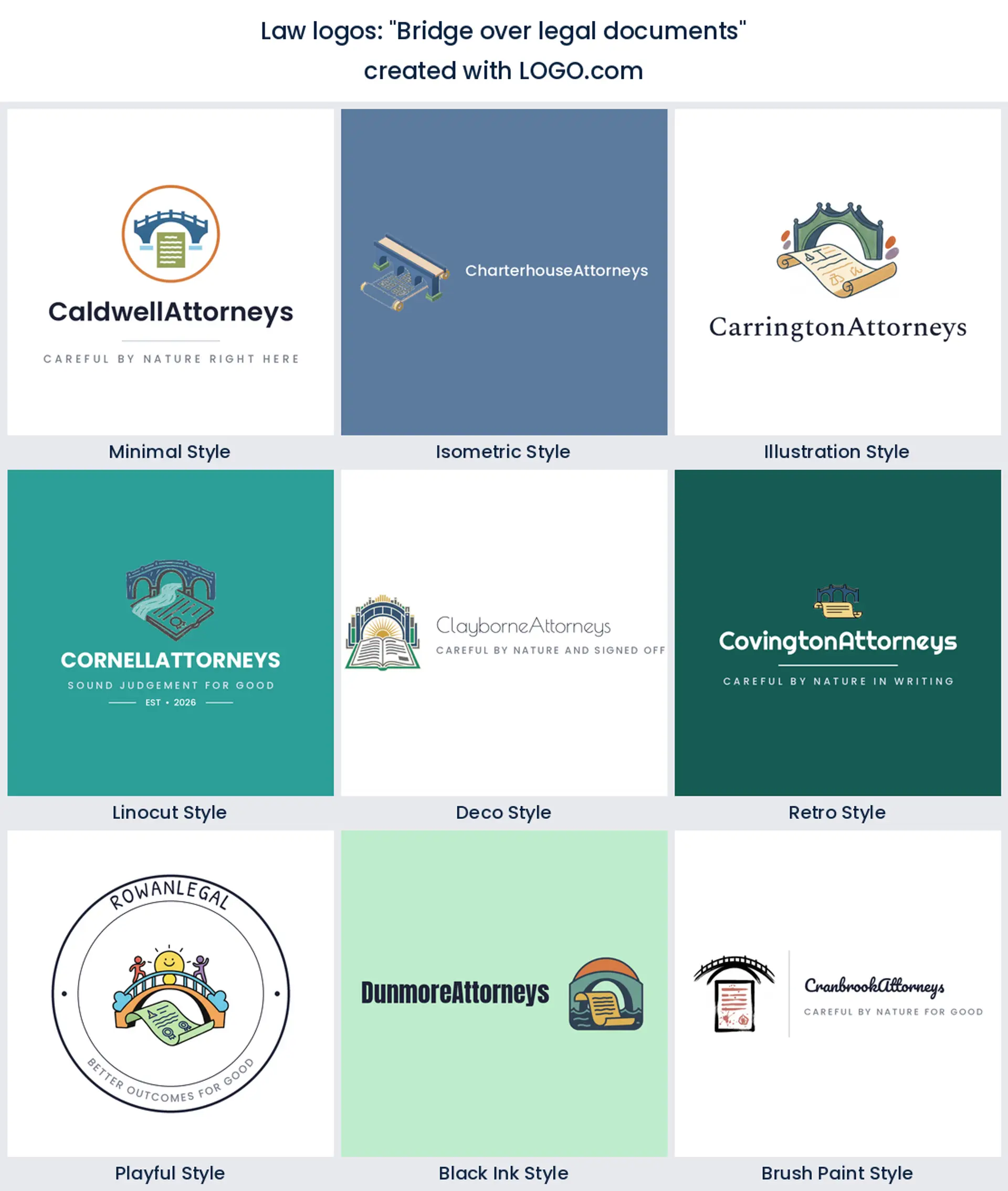A bridge over legal documents drawn across nine logo styles