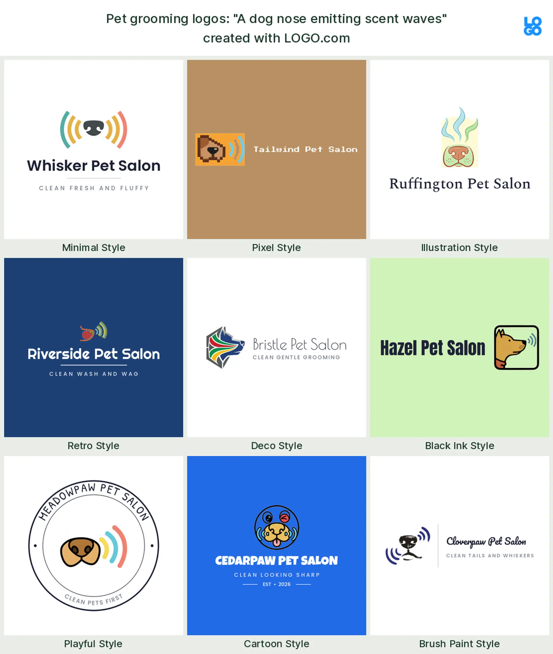 The "A dog nose emitting scent waves" pet grooming logo idea, shown across nine styles on LOGO.com