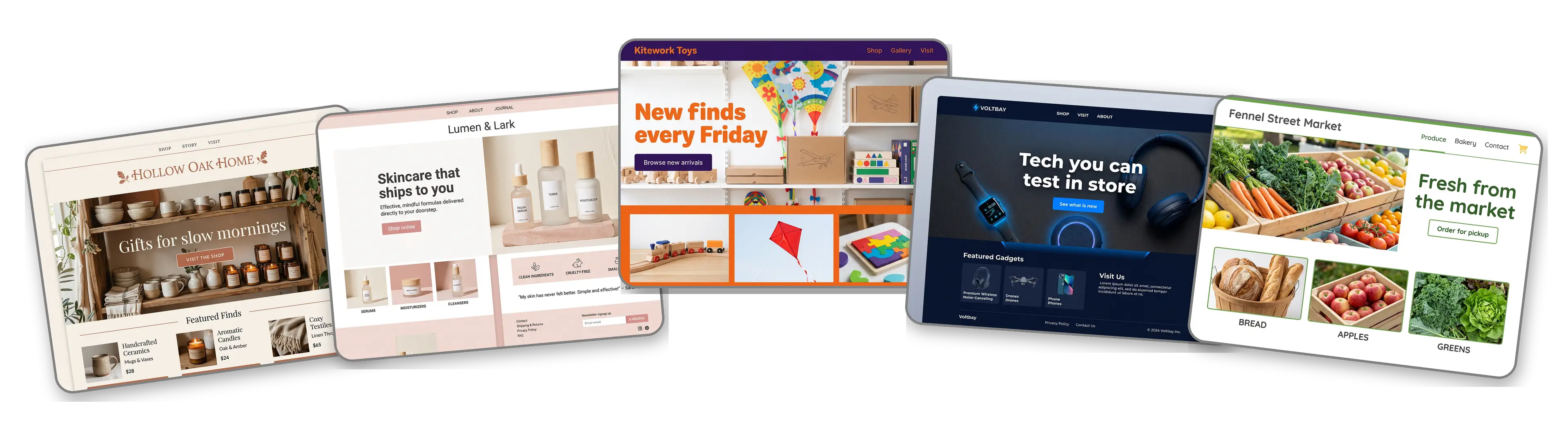 Five retail websites built with LOGO.com from a logo upload: a home goods boutique, an online skincare store, a toy and hobby shop, an electronics store and a neighborhood grocery market