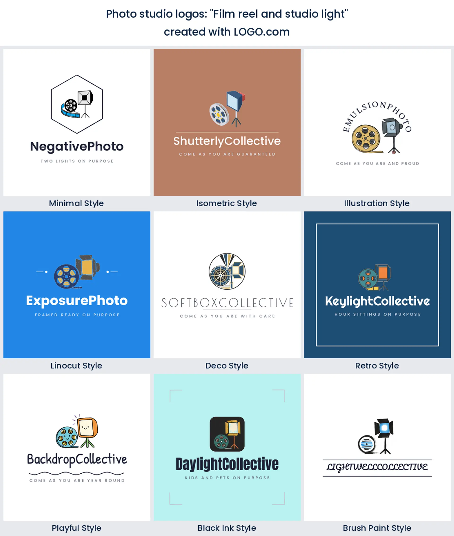 Photo studio logos from the prompt film reel and studio light in nine styles