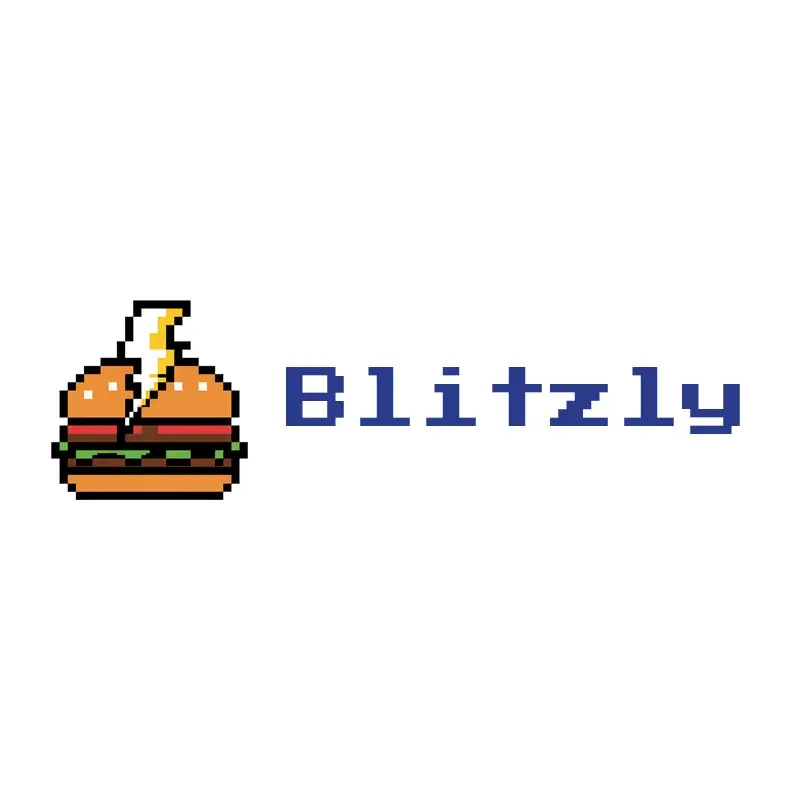 The restaurant name Blitzly as a branded logo in a pixel style