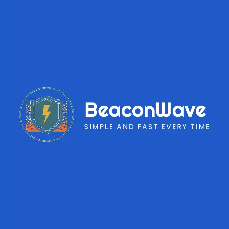A retro shield and circuit board tech logo on a blue background.