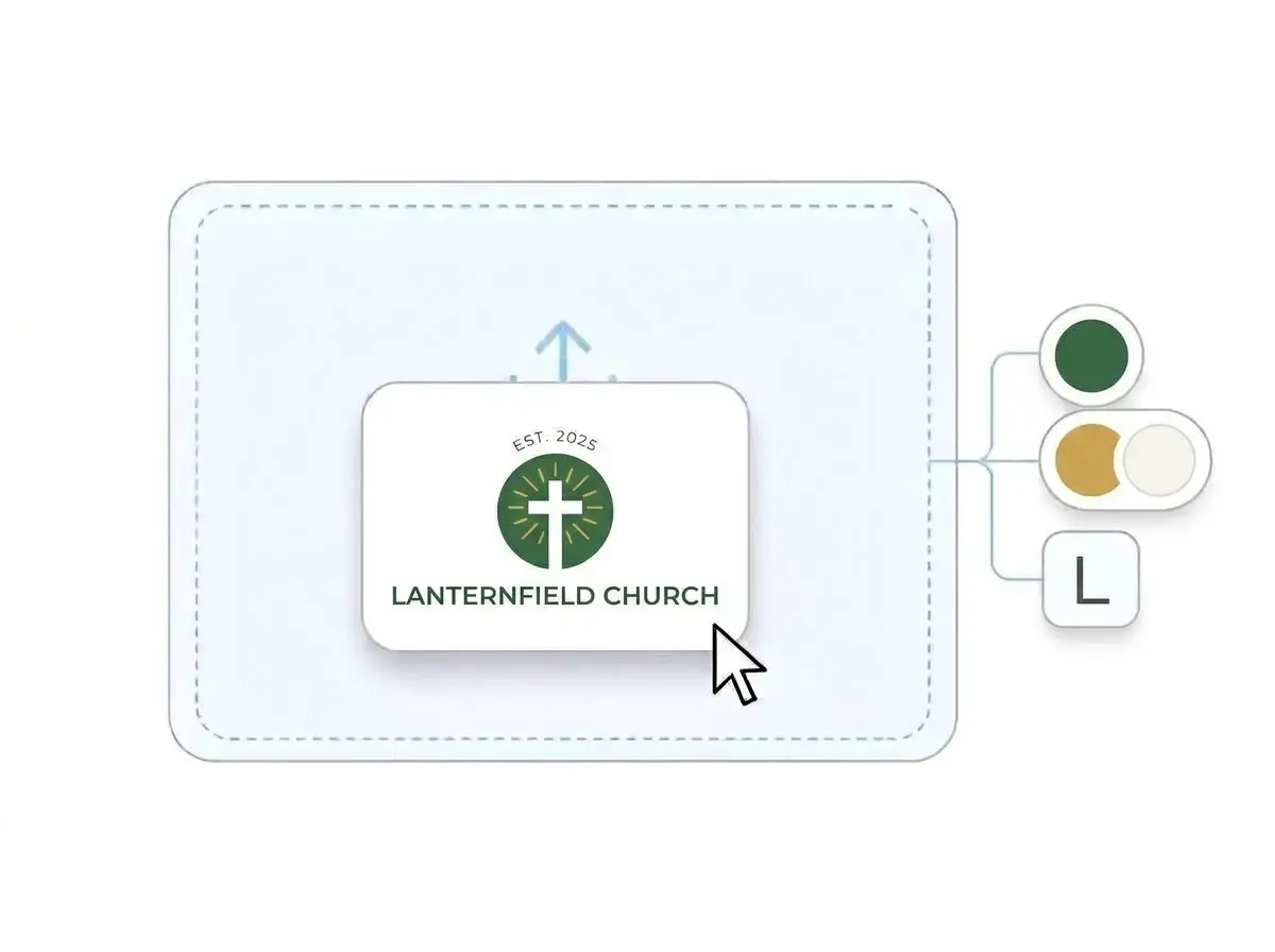 Lanternfield Church logo, a white cross with gold rays in a forest green circle, being dropped into the upload box with its green, gold and off white colors picked out