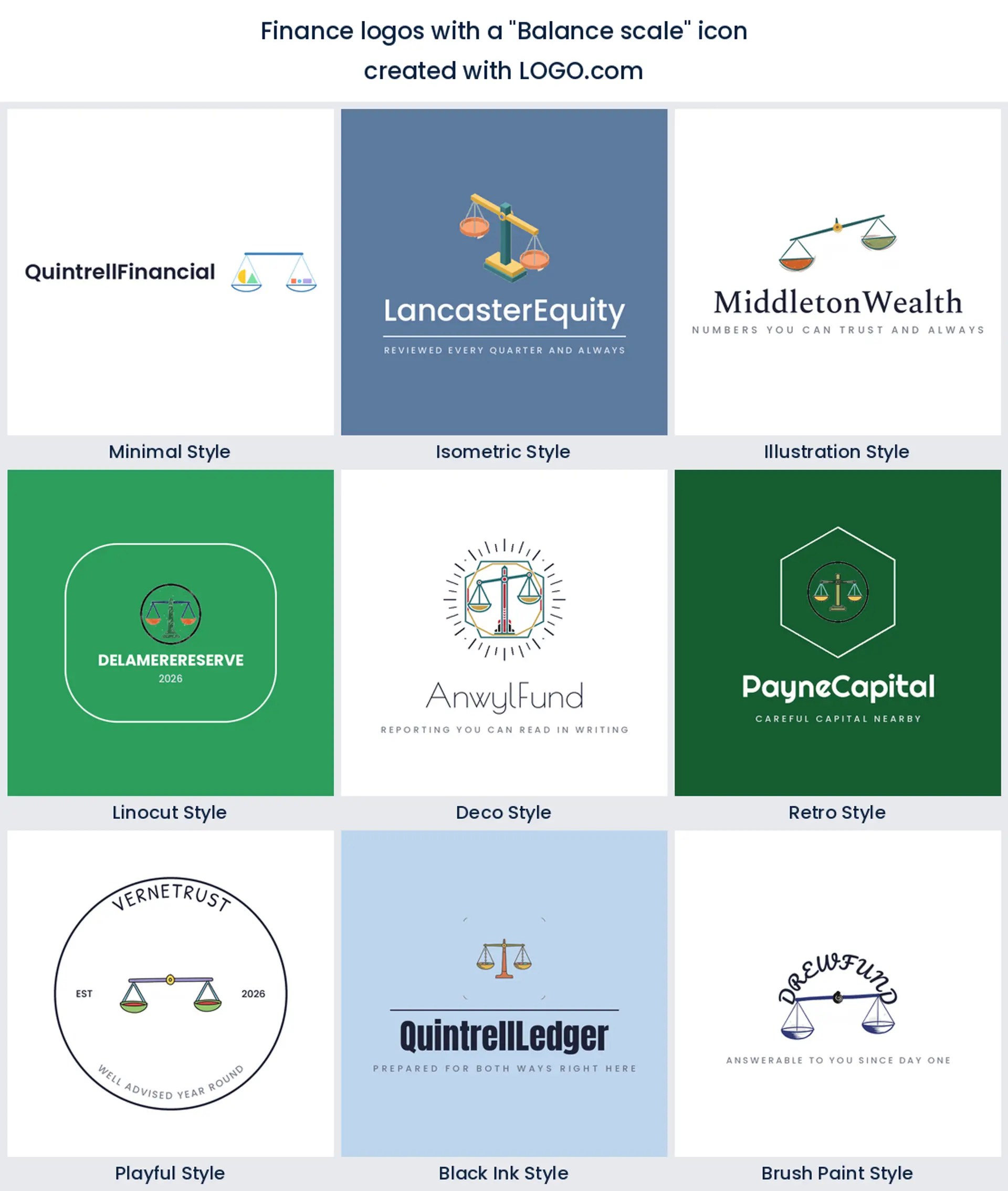 Nine styles of financial advisor logo built on a balance scale