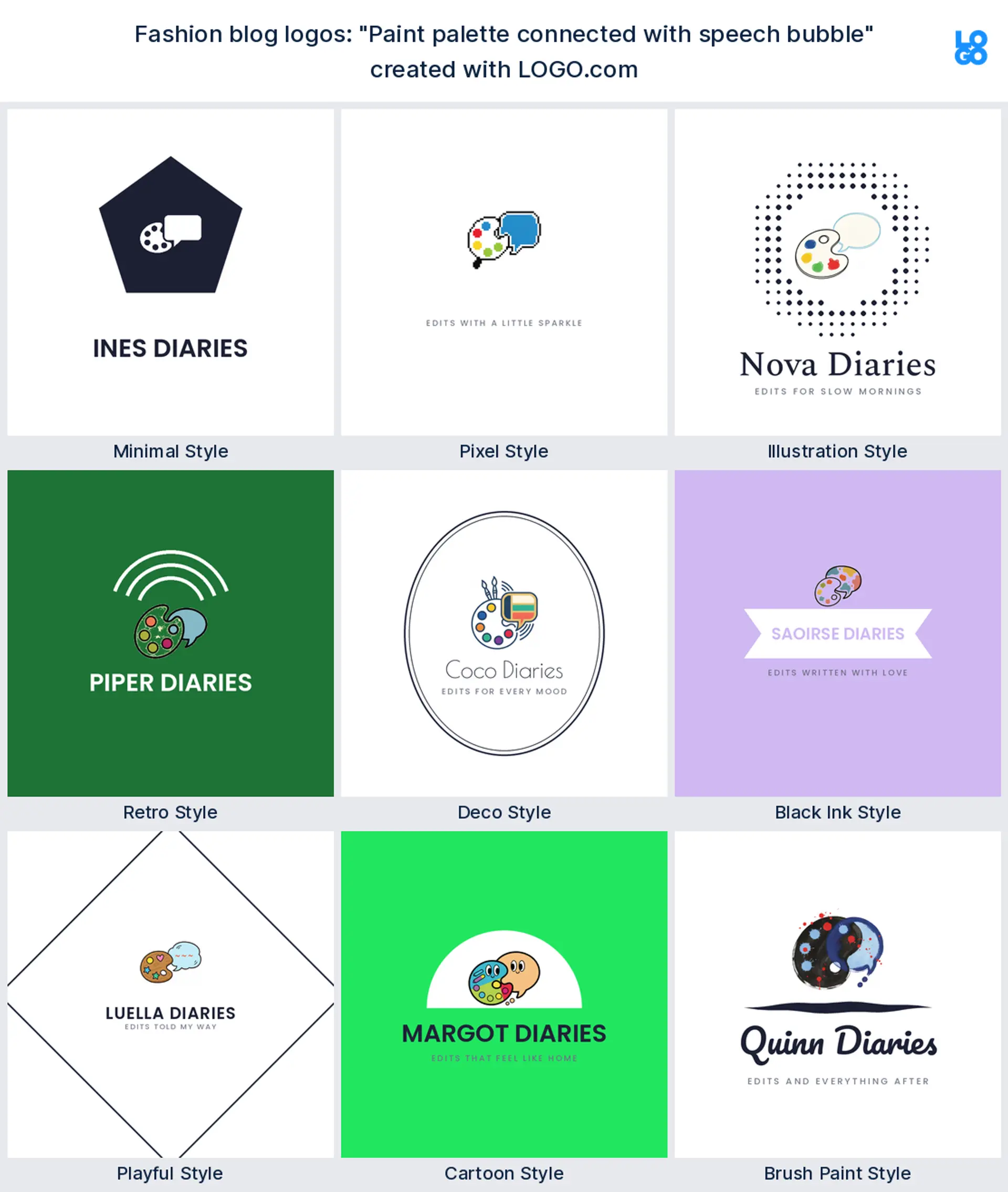 The "Paint palette connected with speech bubble" logo idea shown across nine LOGO.com styles