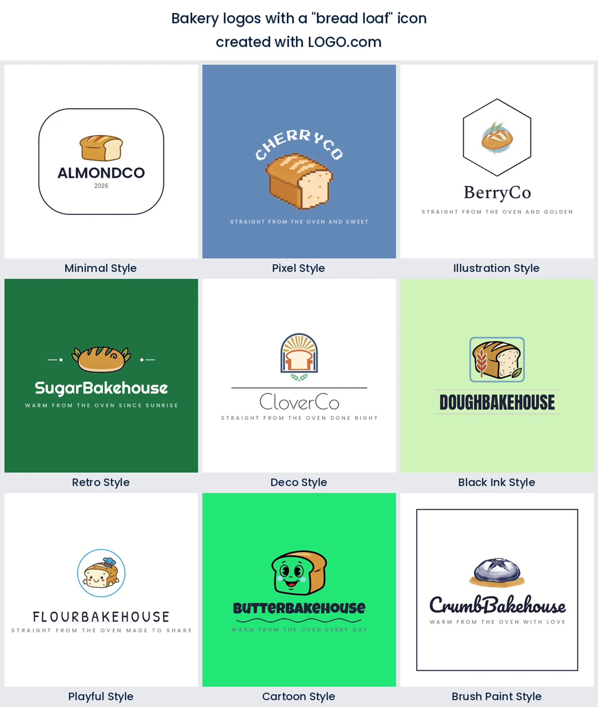 Bread loaf bakery logo shown in nine LOGO.com styles.