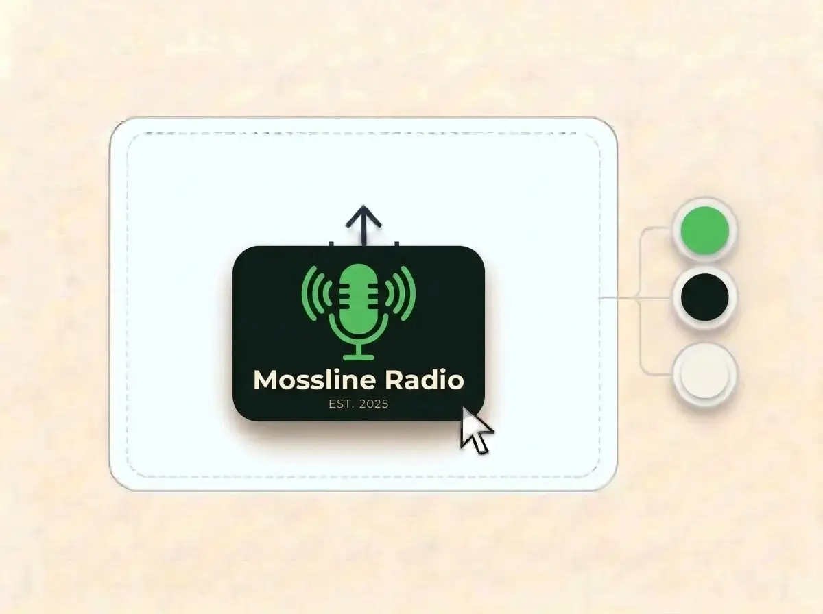 Mossline Radio logo, a bright green microphone drawn with sound wave lines on a near black card, dropped into the LOGO.com upload box with its colors picked out