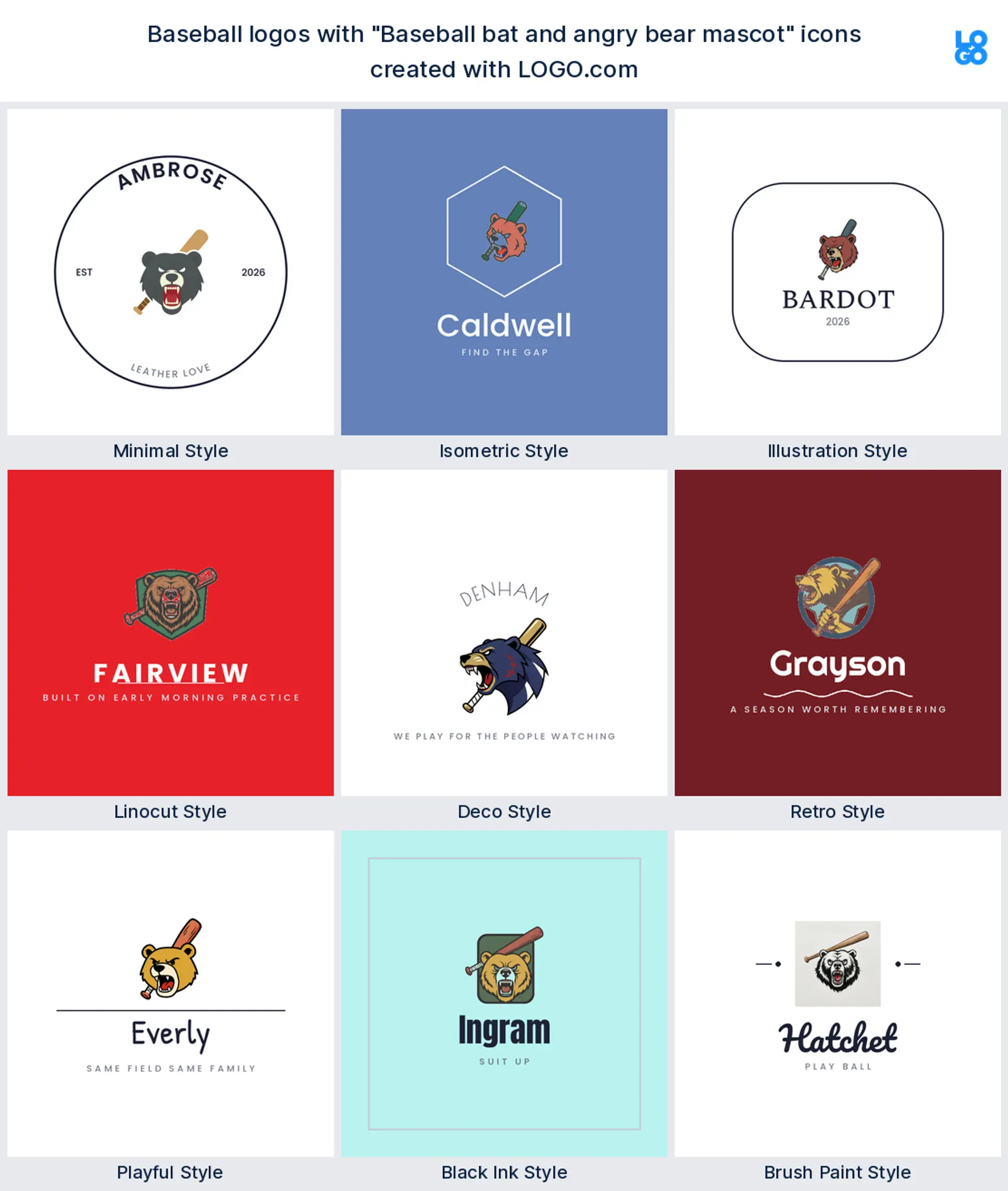 Bear mascot and bat baseball logo shown in nine LOGO.com styles