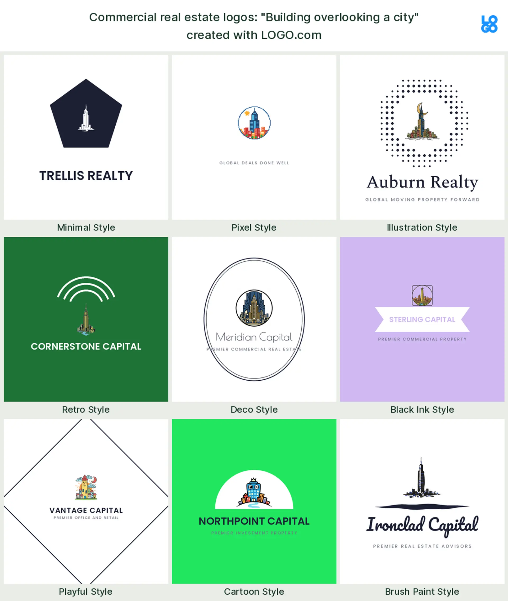 The "Building overlooking a city" commercial real estate logo idea, shown across nine styles on LOGO.com
