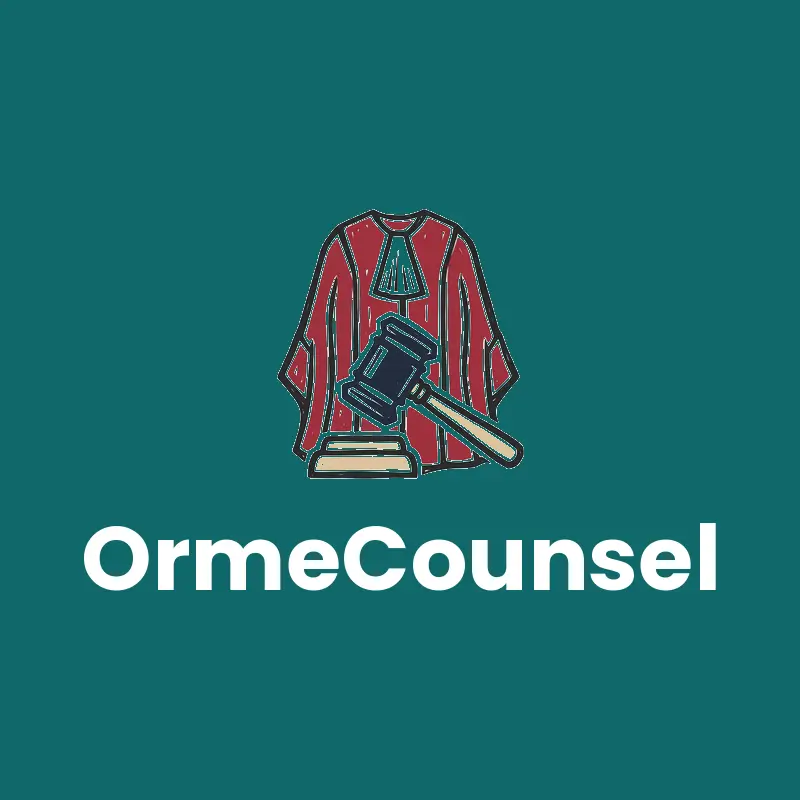 Linocut attorney logo for OrmeCounsel with a gavel and a flowing court robe on teal