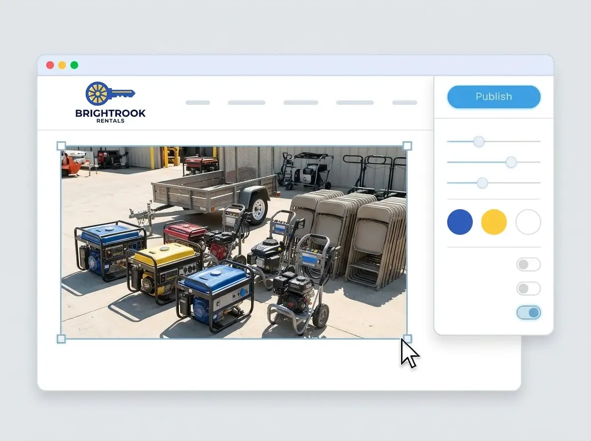 Editing the Brightrook Rentals website with a photo of rental equipment lined up in a yard selected, the style panel open and the Publish button ready